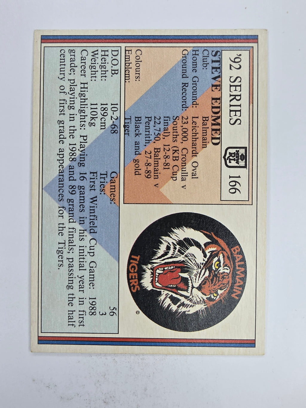 NRL 1992 Regina Base Card #166 Steve Edmed Balmain Tigers