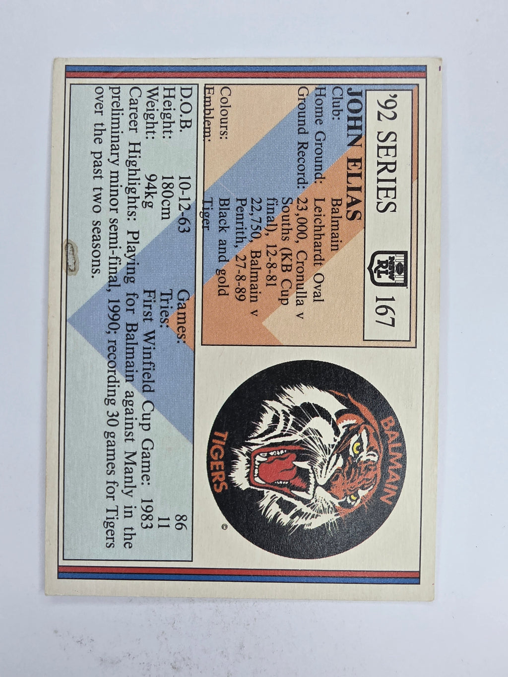 NRL 1992 Regina Base Card #167 John Elias Balmain Tigers