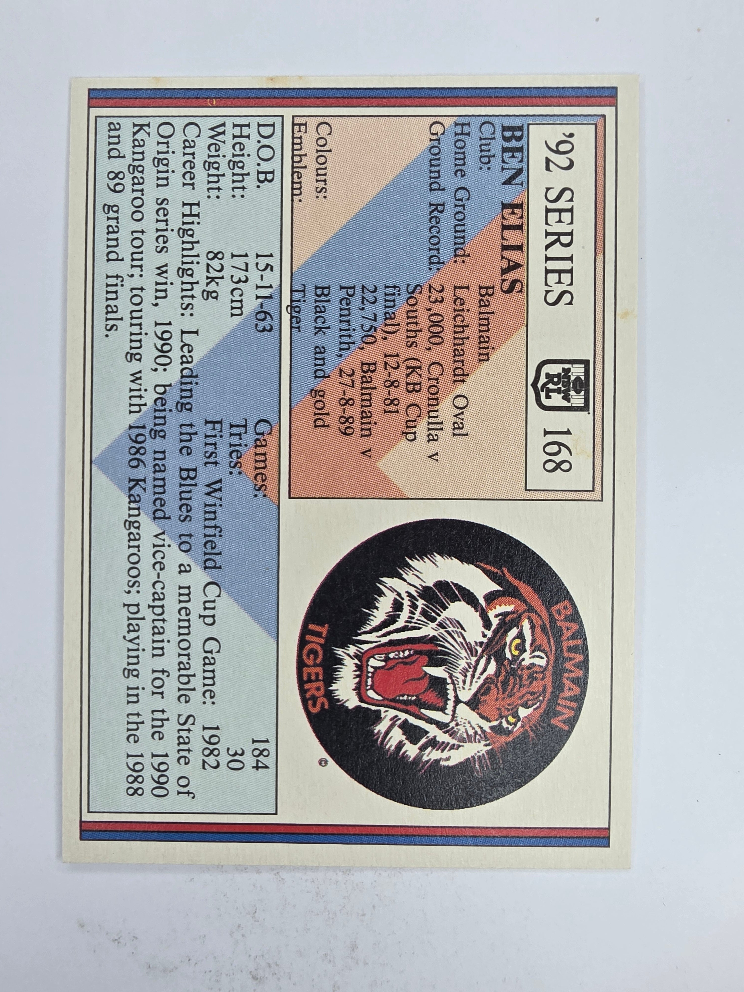 NRL 1992 Regina Base Card #168 Ben Elias Balmain Tigers