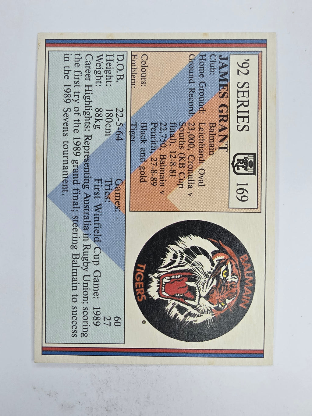 NRL 1992 Regina Base Card #169 James Grant Balmain Tigers