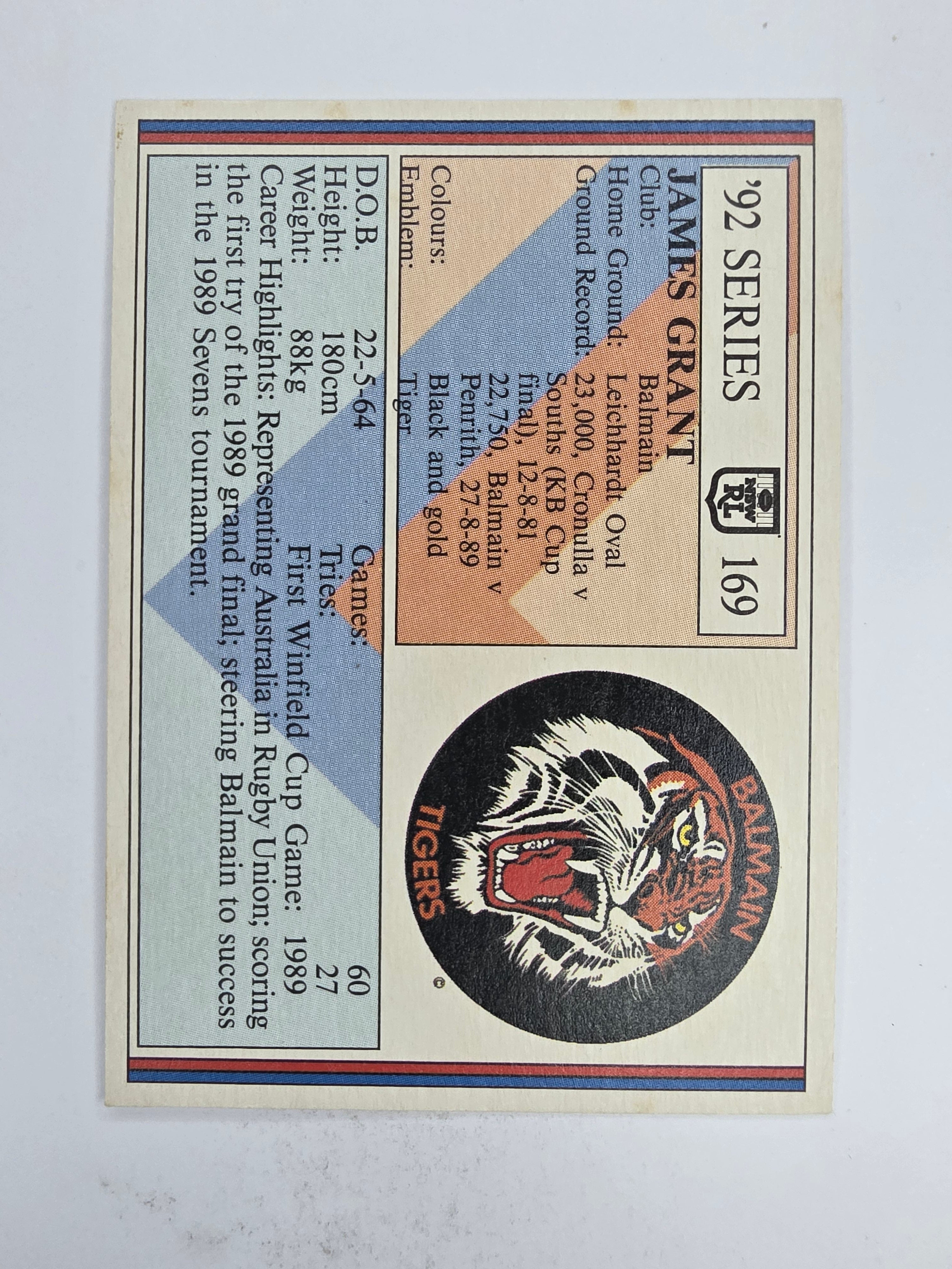 NRL 1992 Regina Base Card #169 James Grant Balmain Tigers