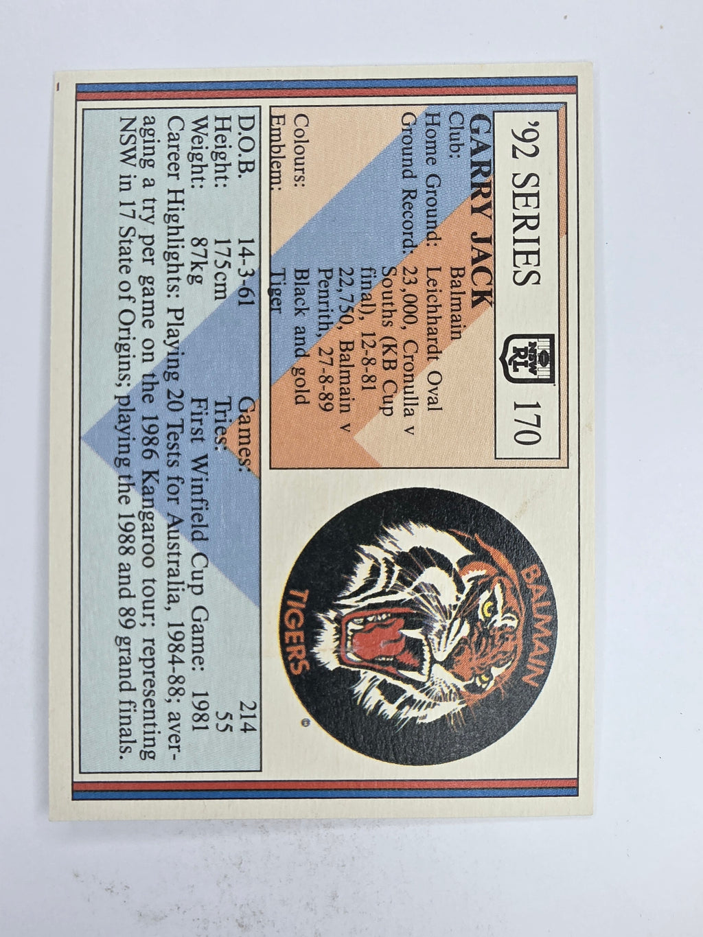 NRL 1992 Regina Base Card #170 Garry Jack Balmain Tigers