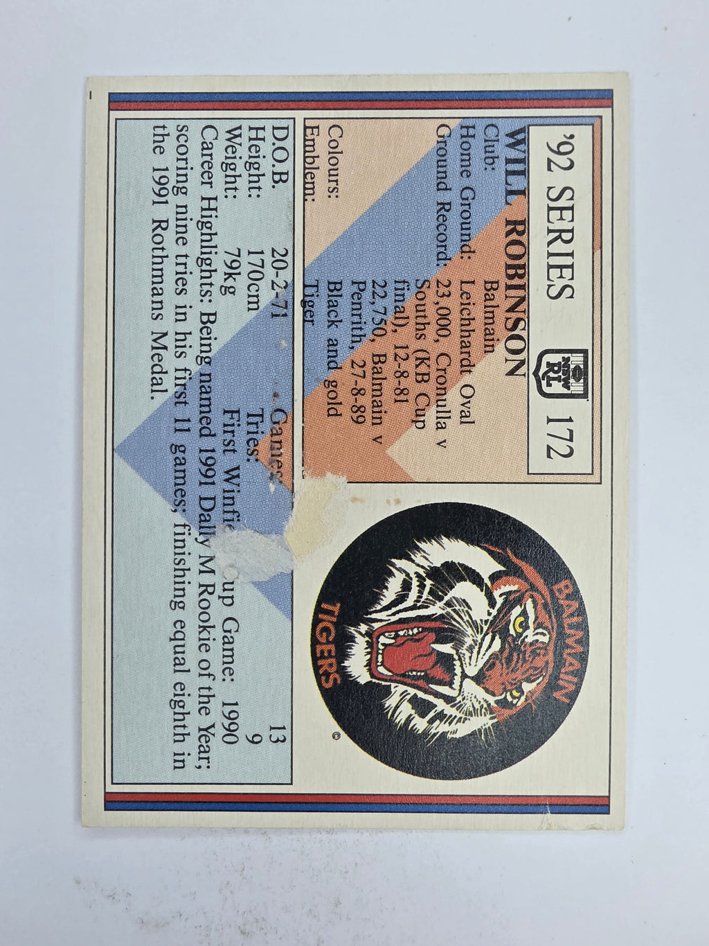 NRL 1992 Regina Base Card #172 Will Robinson Balmain Tigers