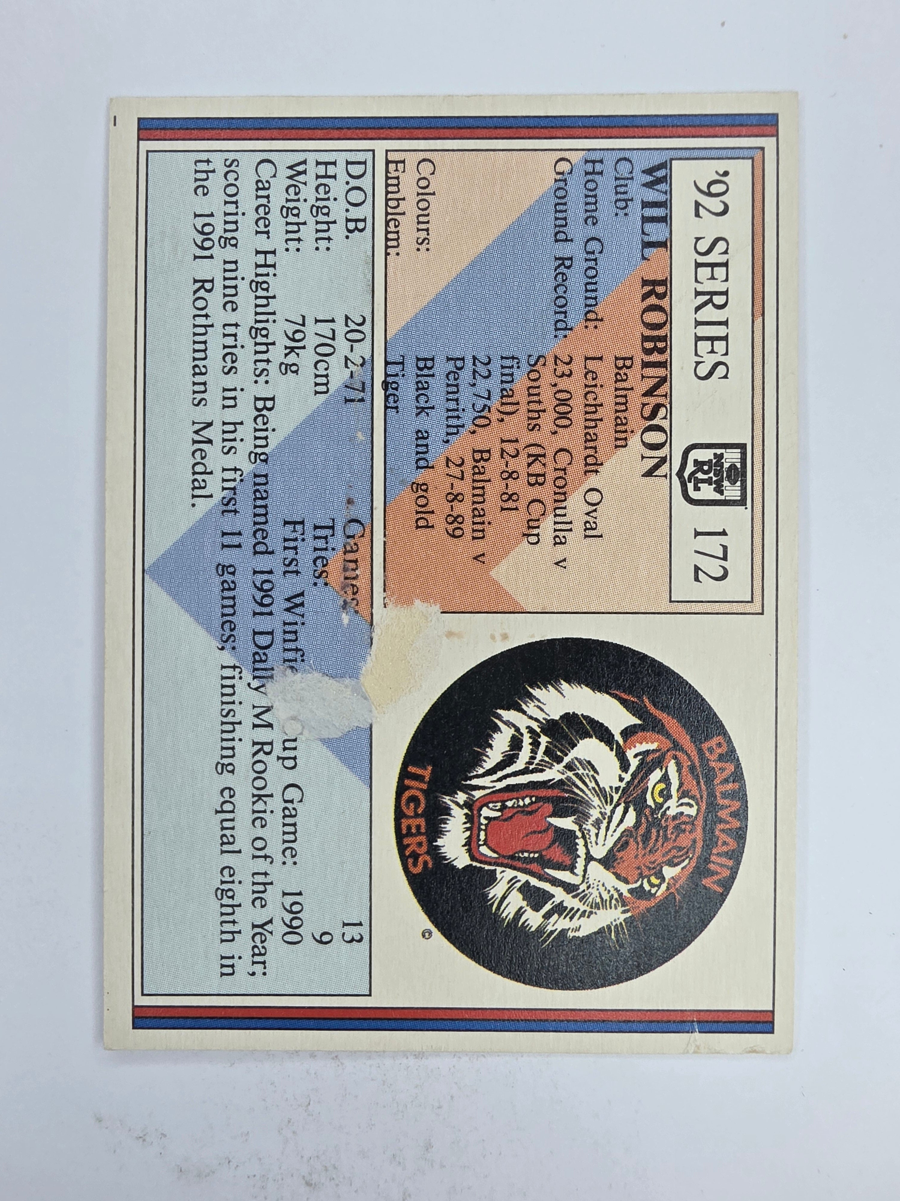 NRL 1992 Regina Base Card #172 Will Robinson Balmain Tigers
