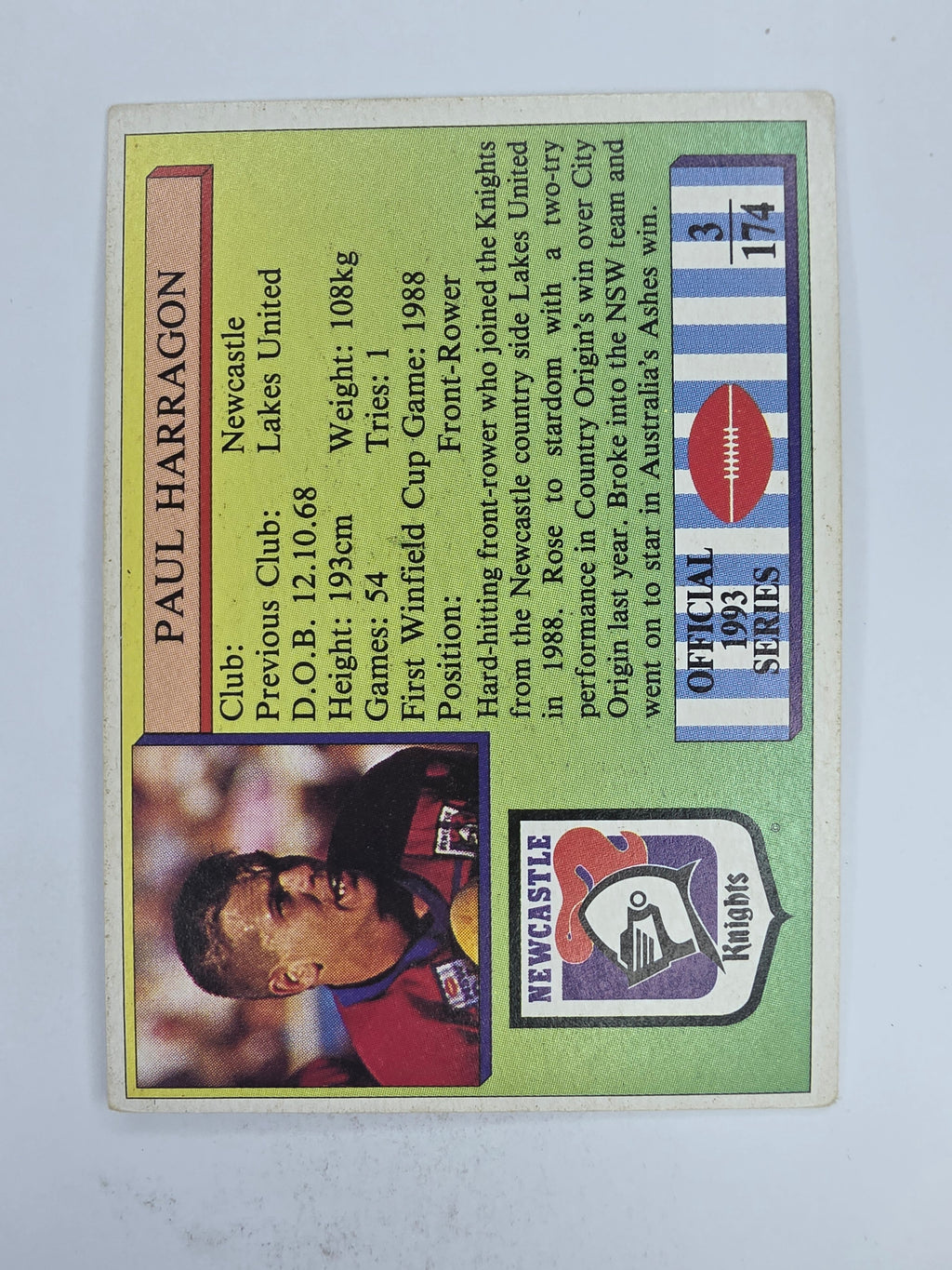 NRL 1993 Regina Base Card #3 Paul Harragon Newcastle Knights