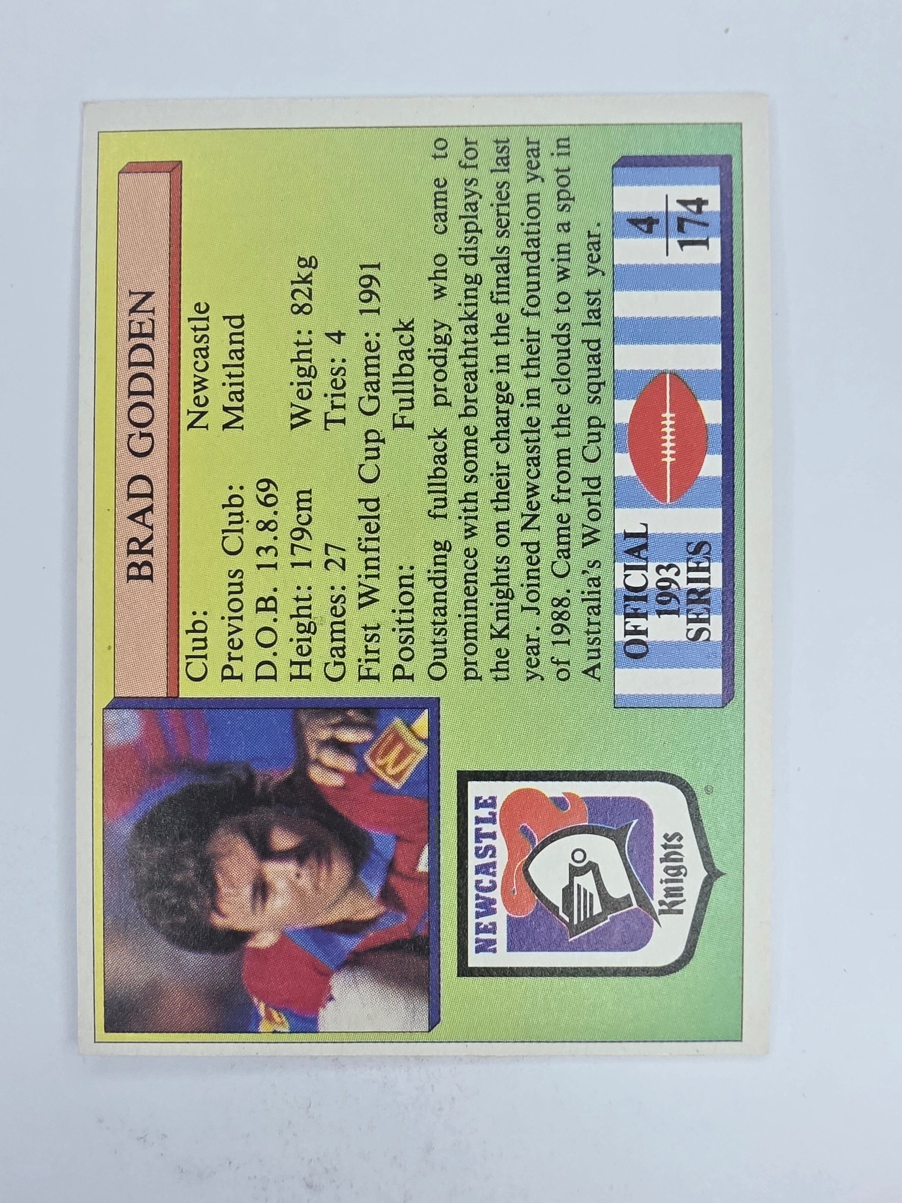 NRL 1993 Regina Base Card #4 Brad Godden Newcastle Knights