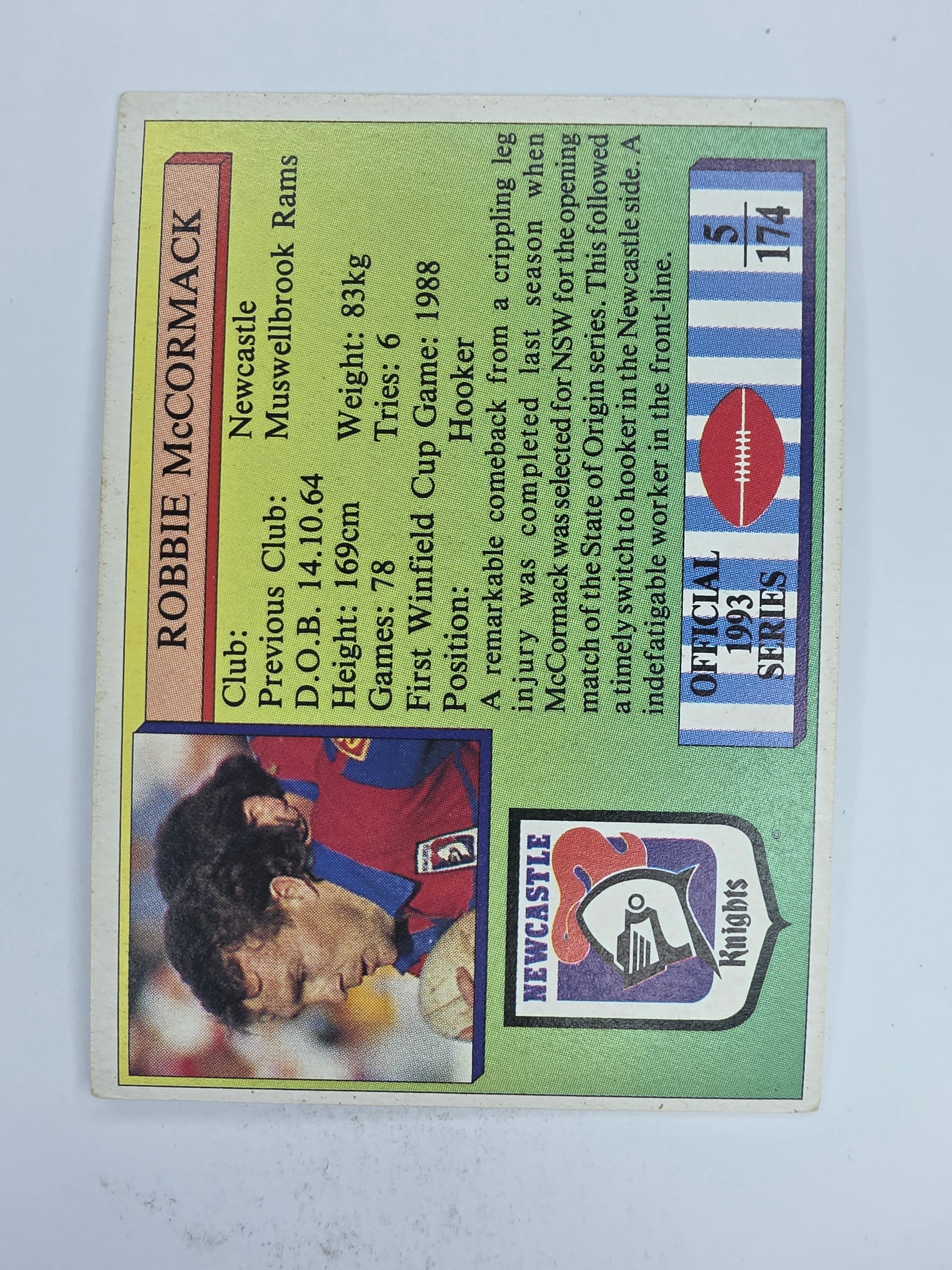 NRL 1993 Regina Base Card #5 Robbie McCormack Newcastle Knights