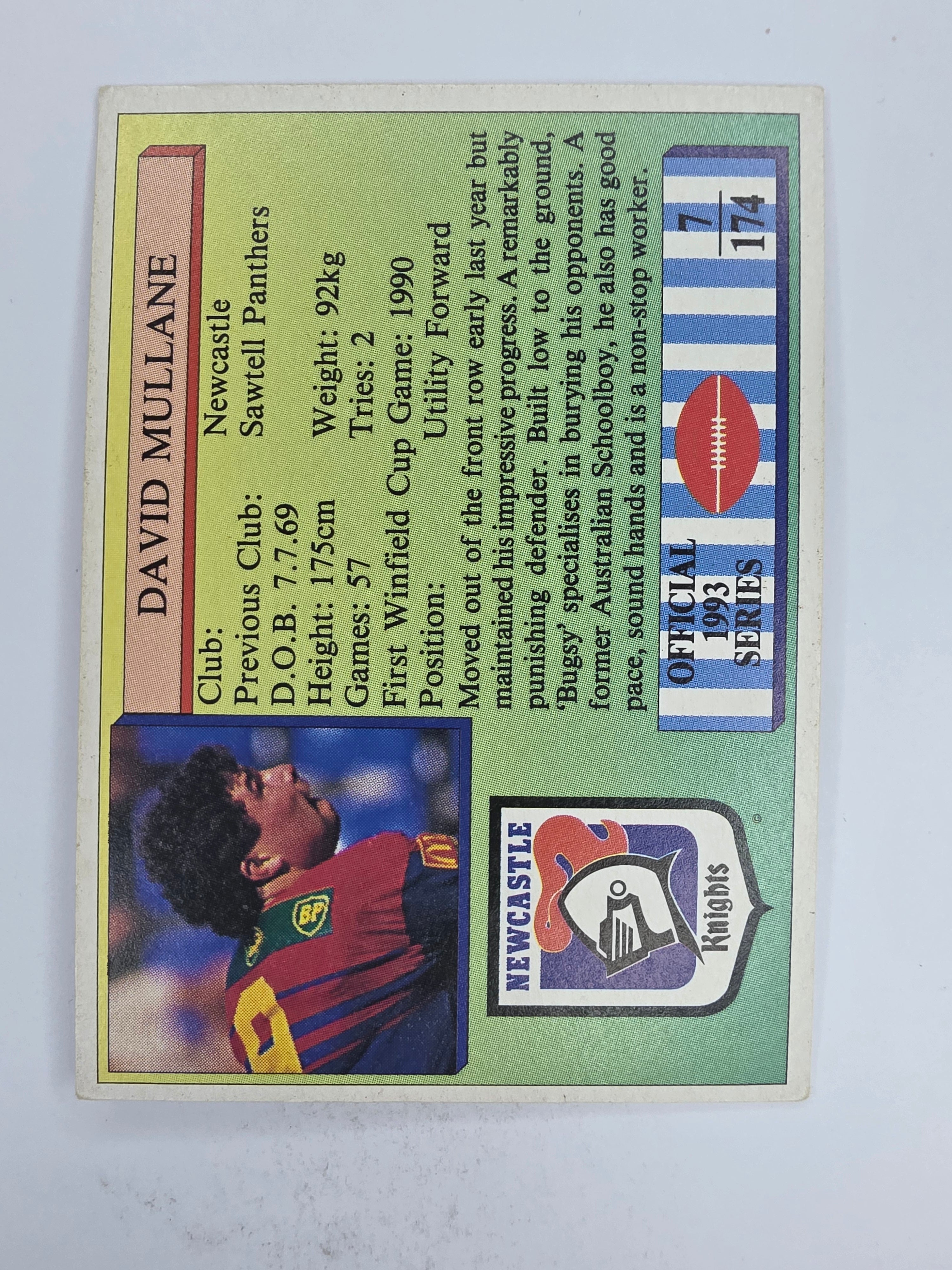 NRL 1993 Regina Base Card #7 David Mullane Newcastle Knights