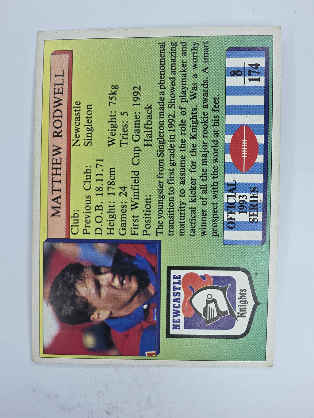 NRL 1993 Regina Base Card #8 Matthew Rodwell Newcastle Knights