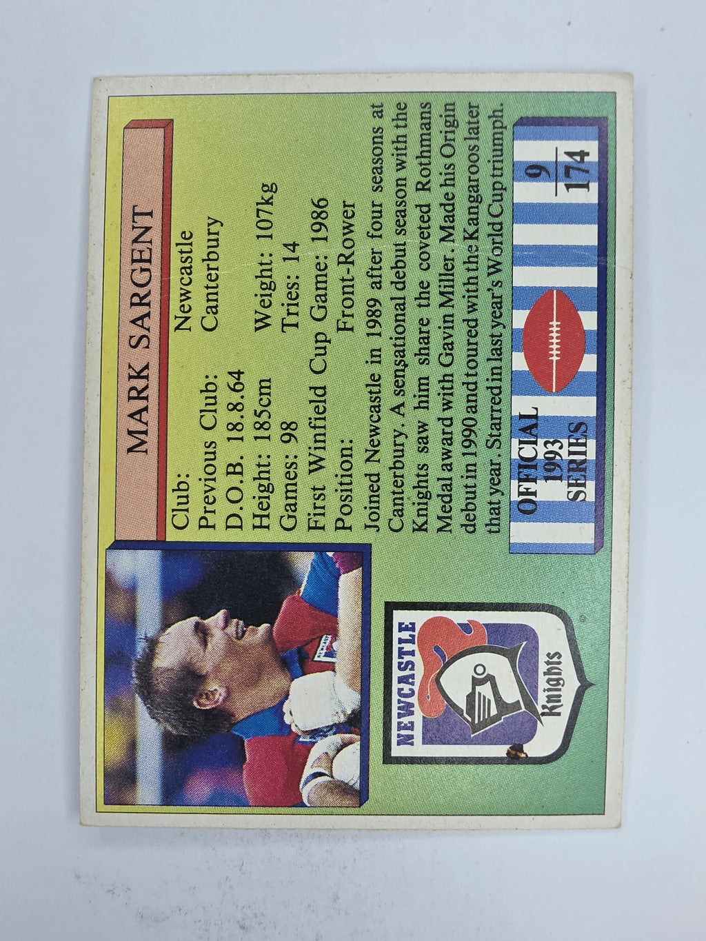 NRL 1993 Regina Base Card #9 Mark Sargent Newcastle Knights