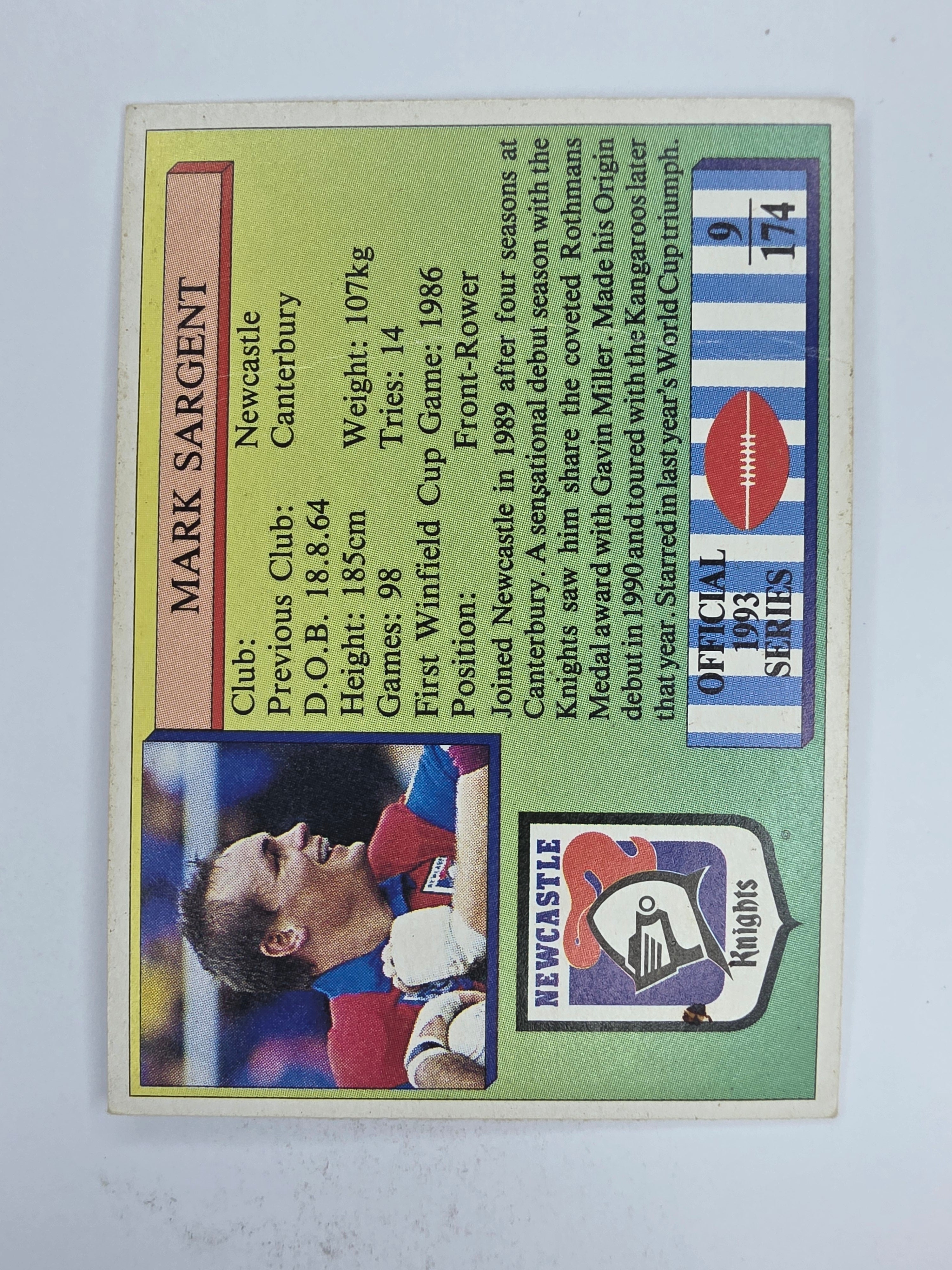 NRL 1993 Regina Base Card #9 Mark Sargent Newcastle Knights