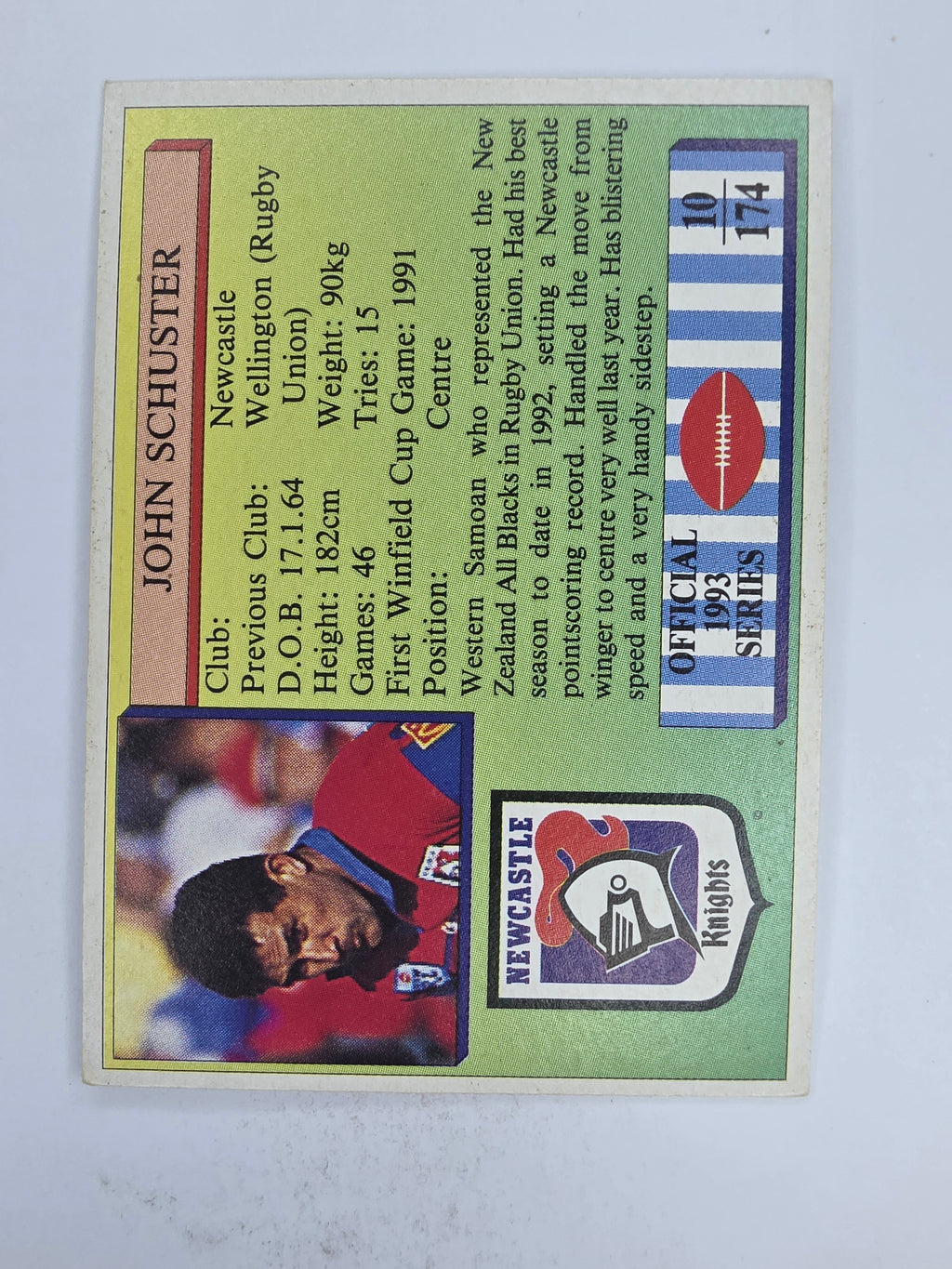 NRL 1993 Regina Base Card #10 John Schuster Newcastle Knights