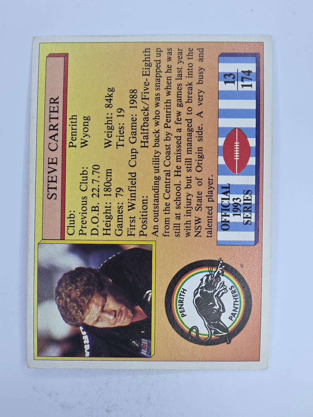 NRL 1993 Regina Base Card #13 Steve Carter Penrith Panthers