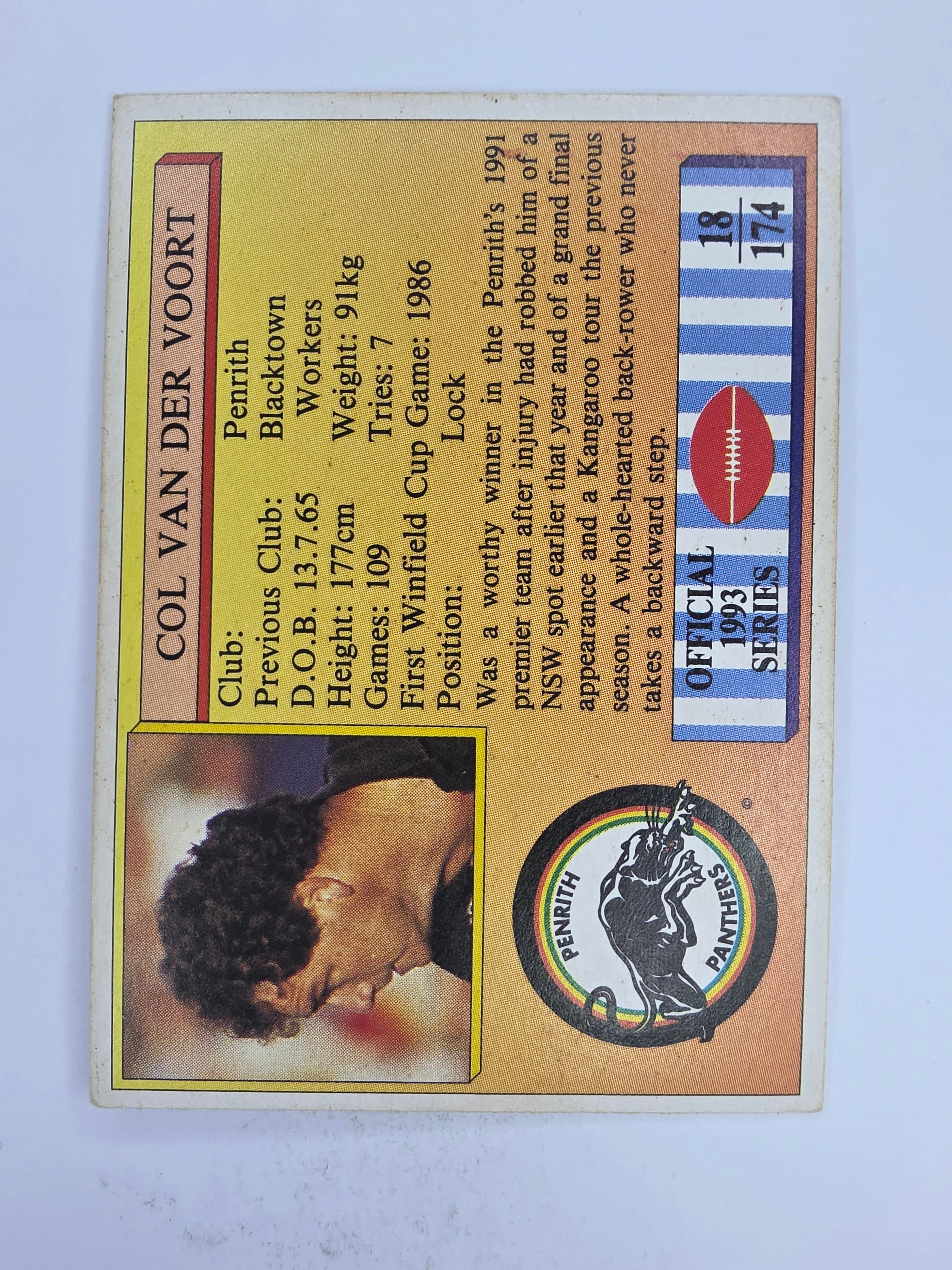 NRL 1993 Regina Base Card #18 Colin Van Der Voort Penrith Panthers