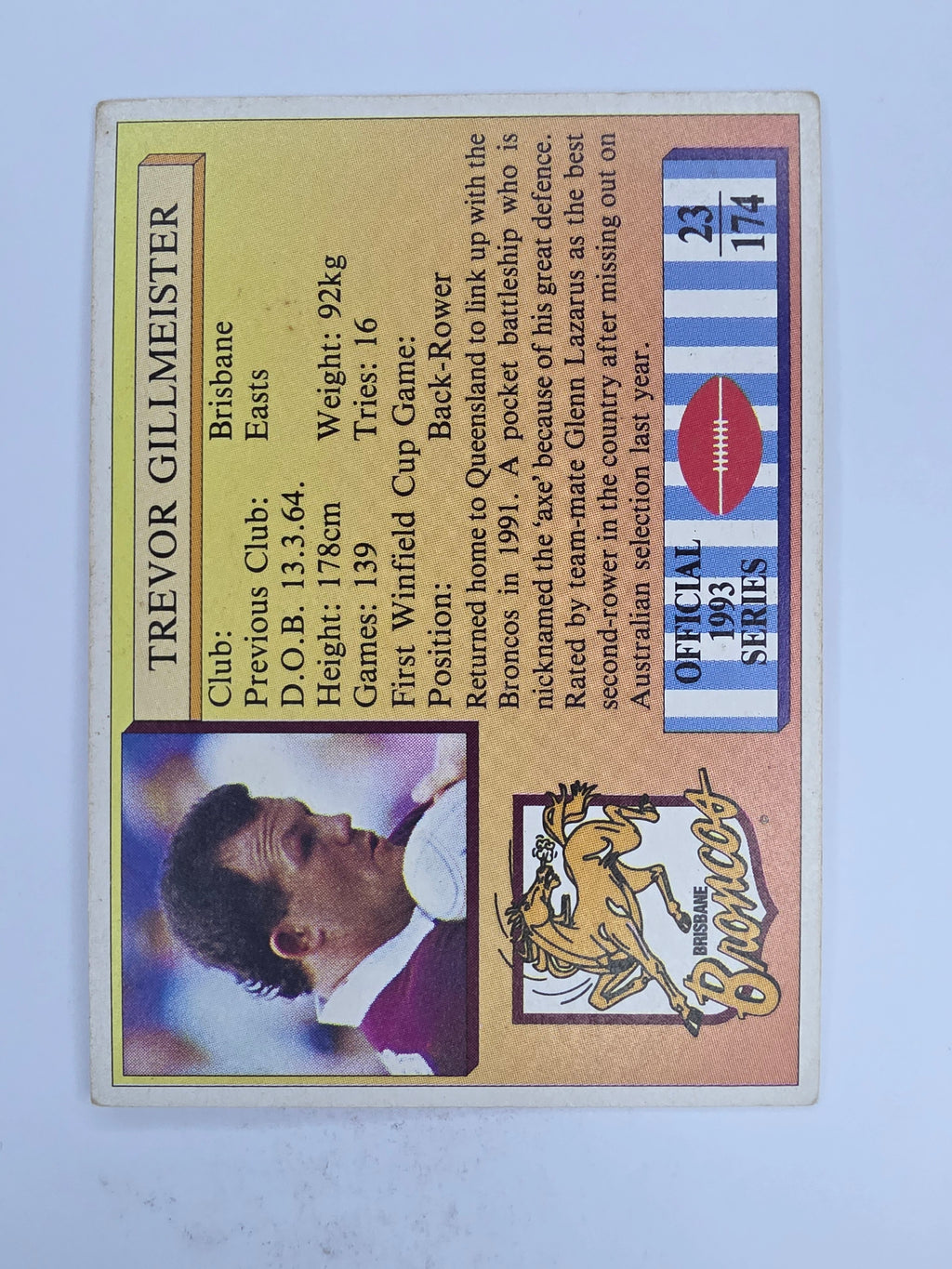 NRL 1993 Regina Base Card #23 Trevor Gillmeister Brisbane Broncos