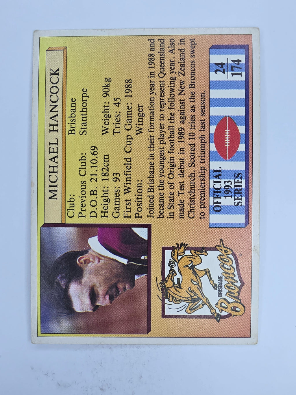 NRL 1993 Regina Base Card #24 Michael Hancock Brisbane Broncos
