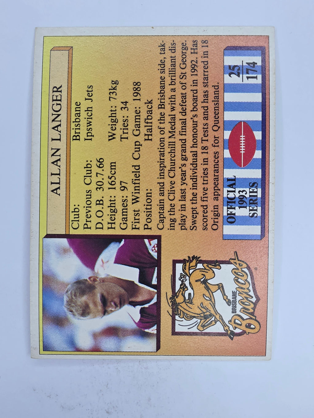 NRL 1993 Regina Base Card #25 Allan Langer Brisbane Broncos