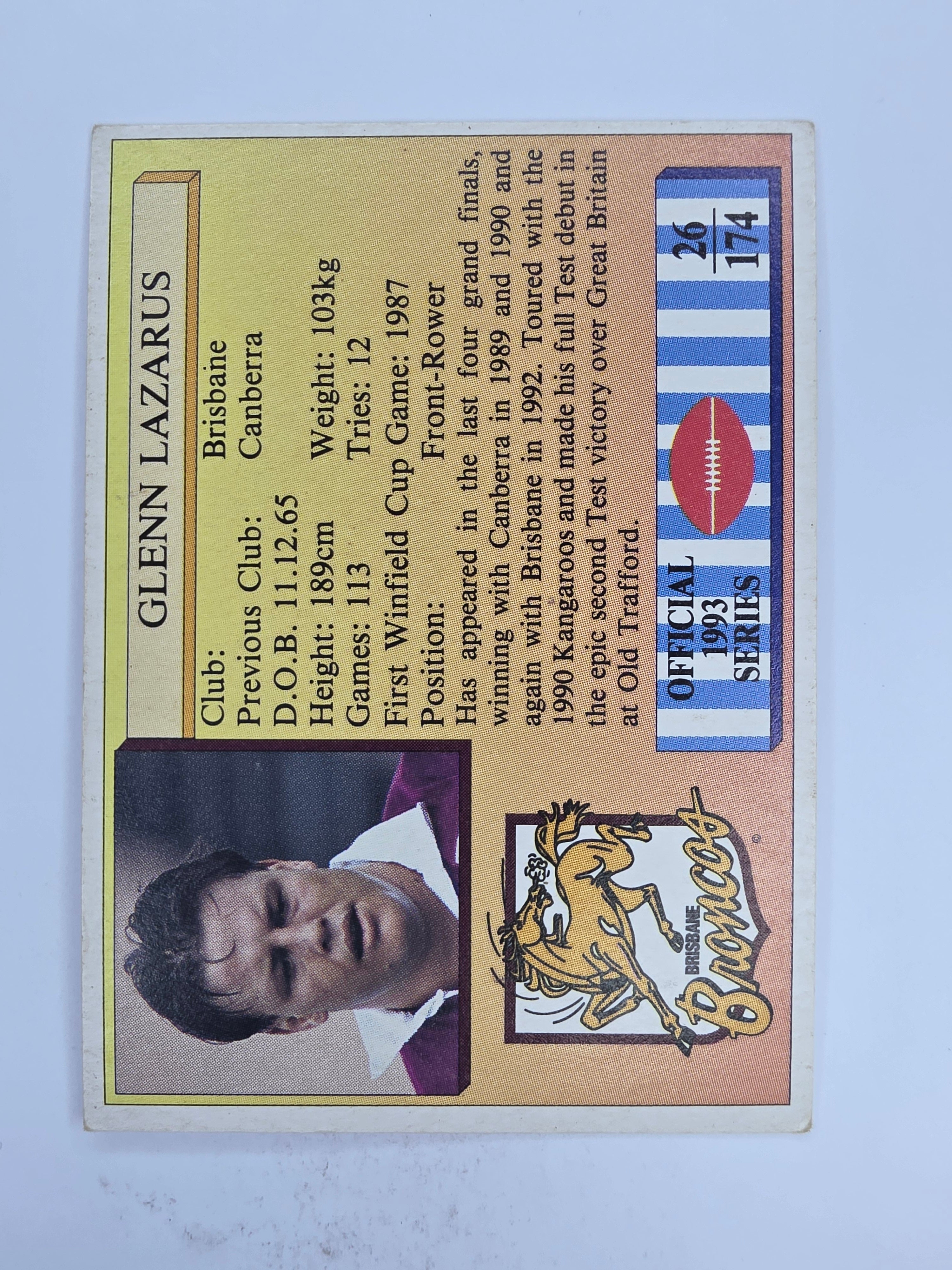 NRL 1993 Regina Base Card #26 Glenn Lazarus Brisbane Broncos