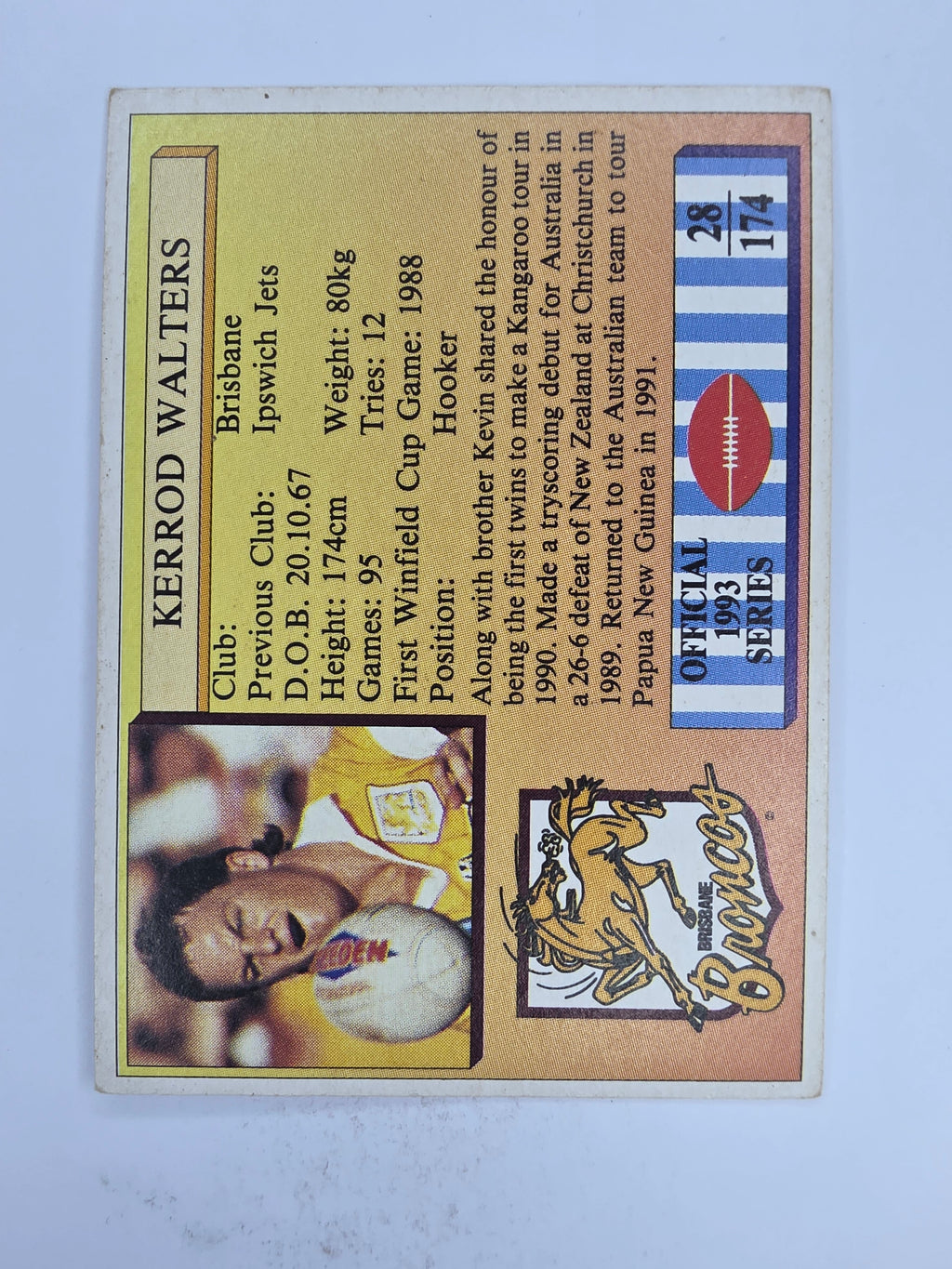 NRL 1993 Regina Base Card #28 Kerrod Walters Brisbane Broncos