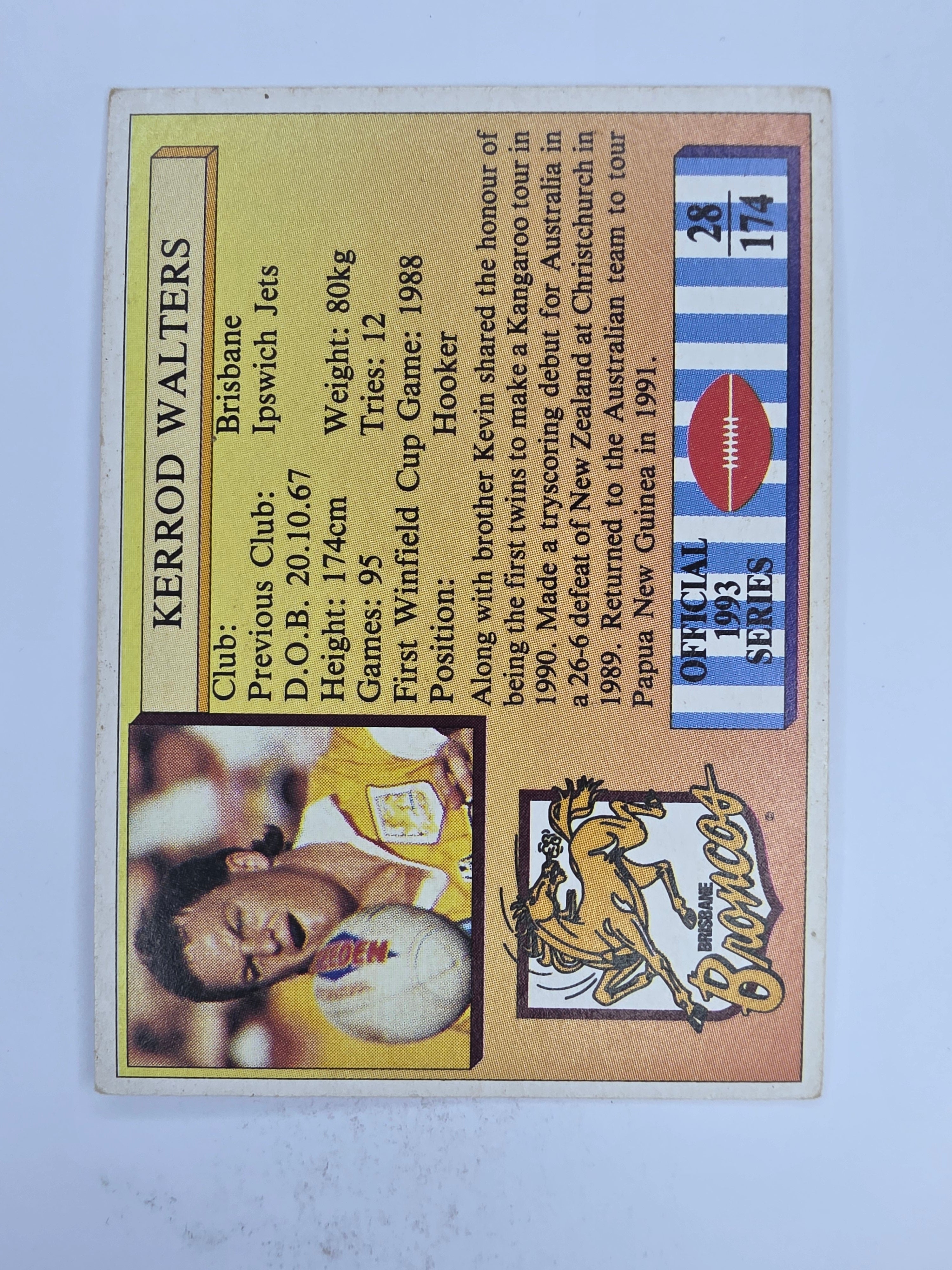 NRL 1993 Regina Base Card #28 Kerrod Walters Brisbane Broncos