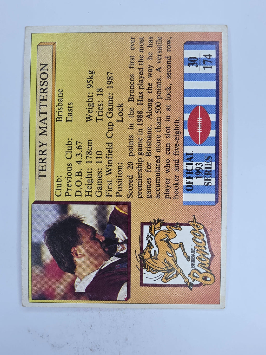 NRL 1993 Regina Base Card #30 Terry Matterson Brisbane Broncos