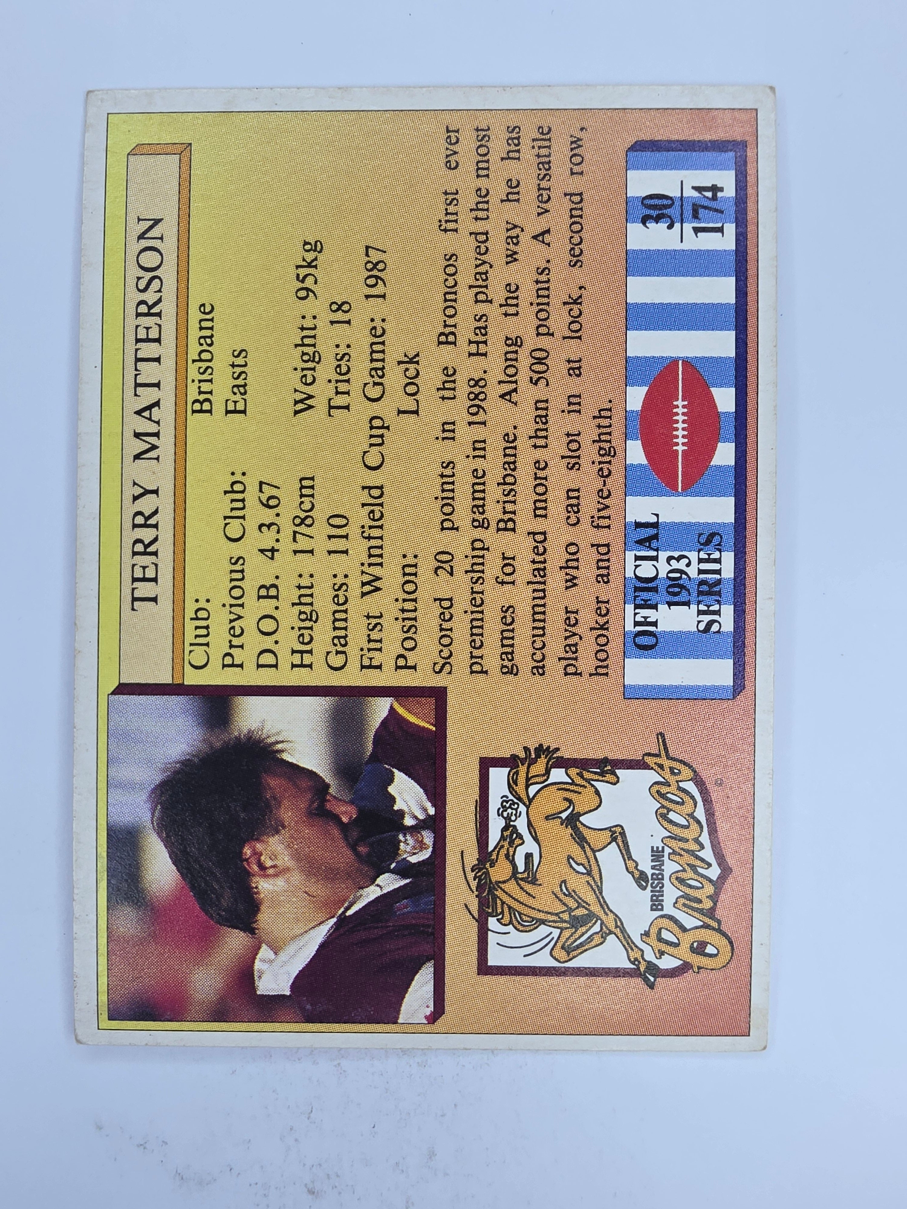 NRL 1993 Regina Base Card #30 Terry Matterson Brisbane Broncos
