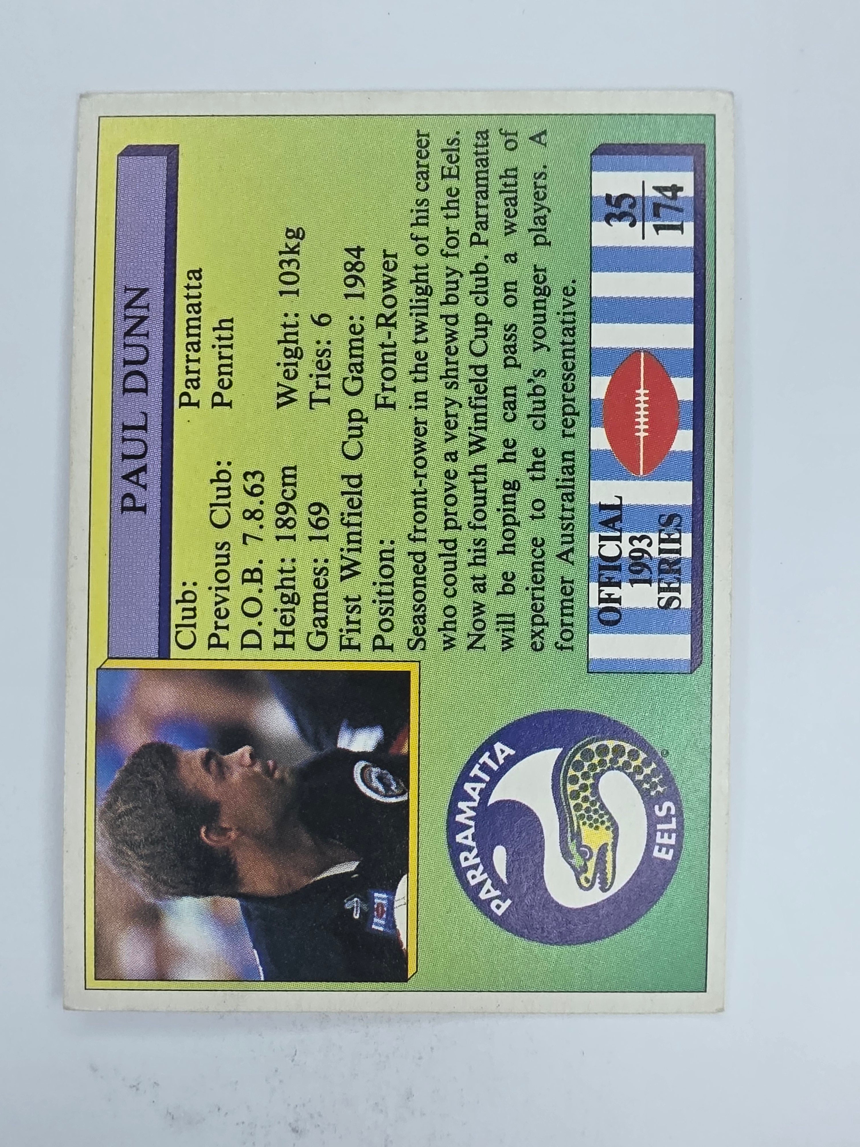 NRL 1993 Regina Base Card #35 Paul Dunn Parramatta Eels