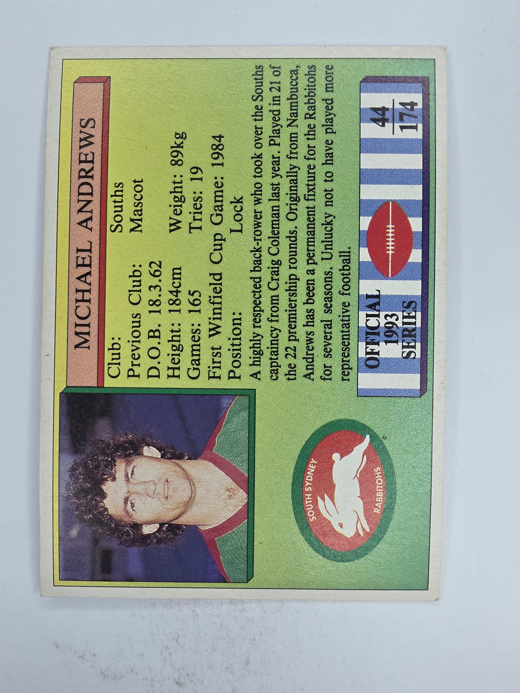 NRL 1993 Regina Base Card #44 Michael Andrews South Sydney Rabbitohs