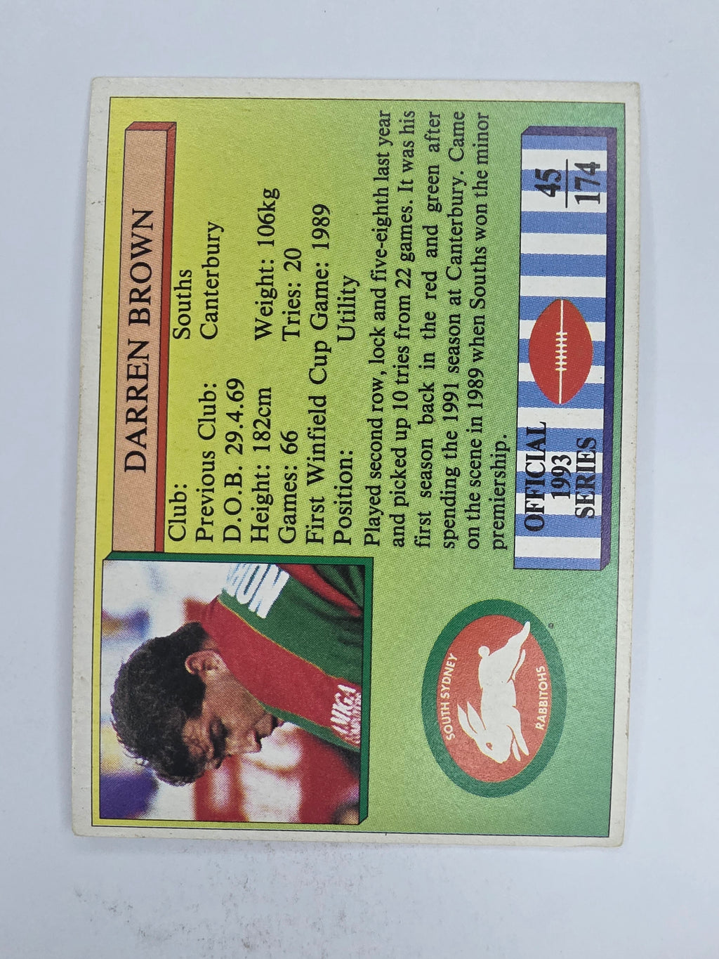 NRL 1993 Regina Base Card #45 Darren Brown South Sydney Rabbitohs