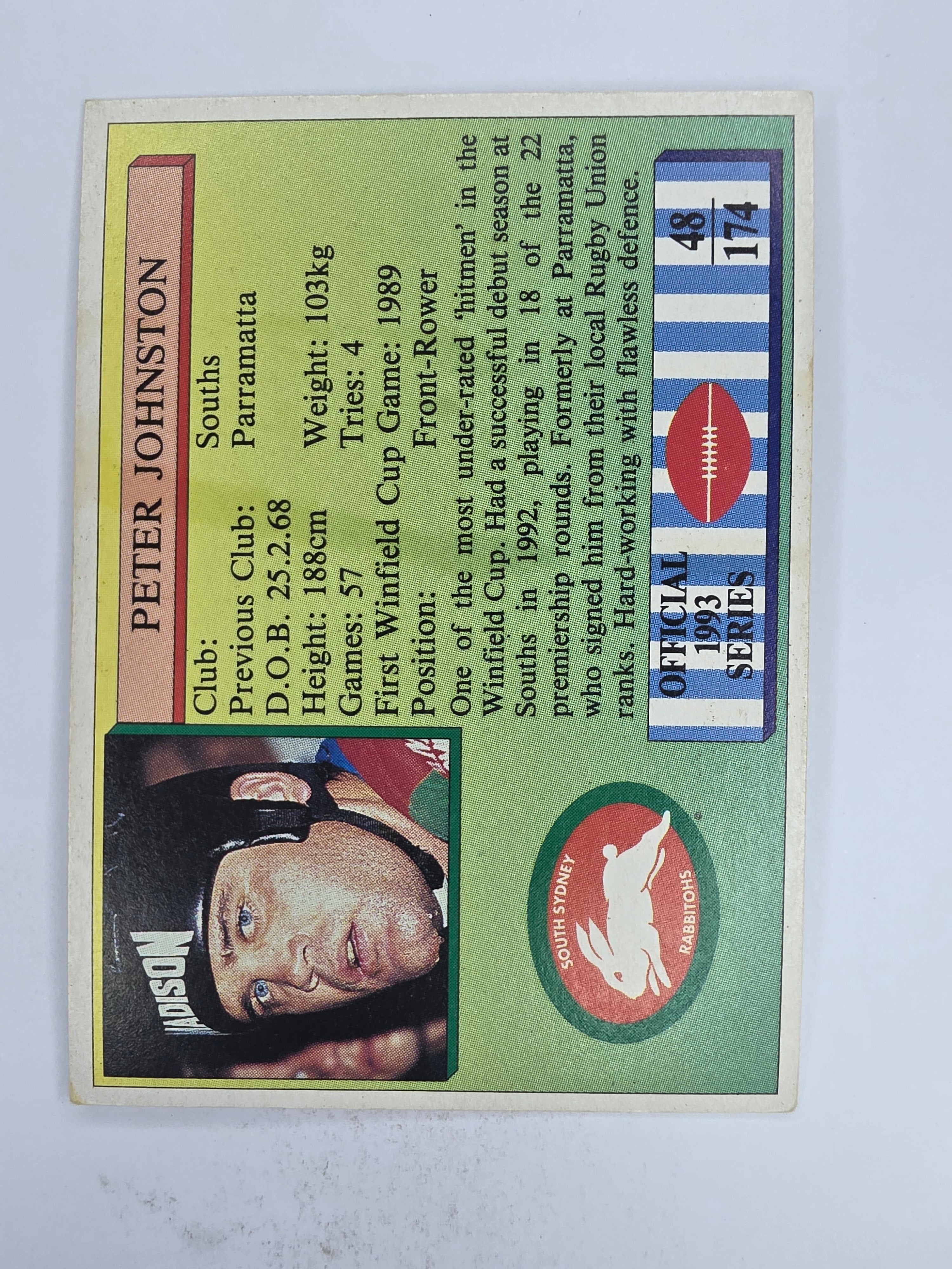 NRL 1993 Regina Base Card #48 Peter Johnston South Sydney Rabbitohs