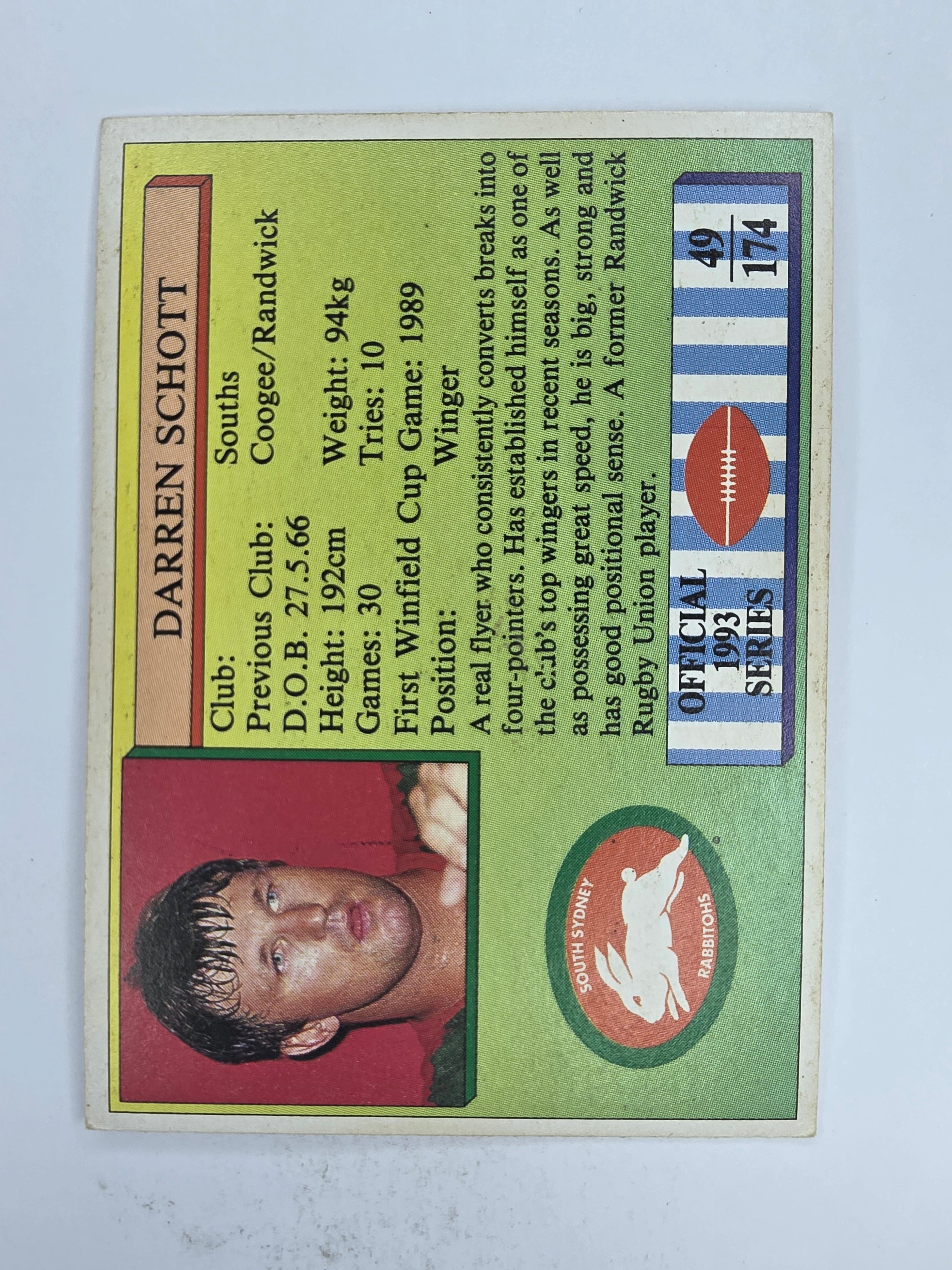 NRL 1993 Regina Base Card #49 Darren Schott South Sydney Rabbitohs
