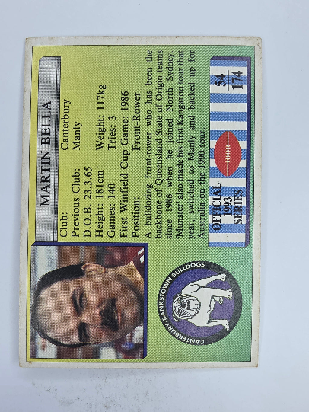 NRL 1993 Regina Base Card #54 Martin Bella Canterbury Bankstown Bulldogs