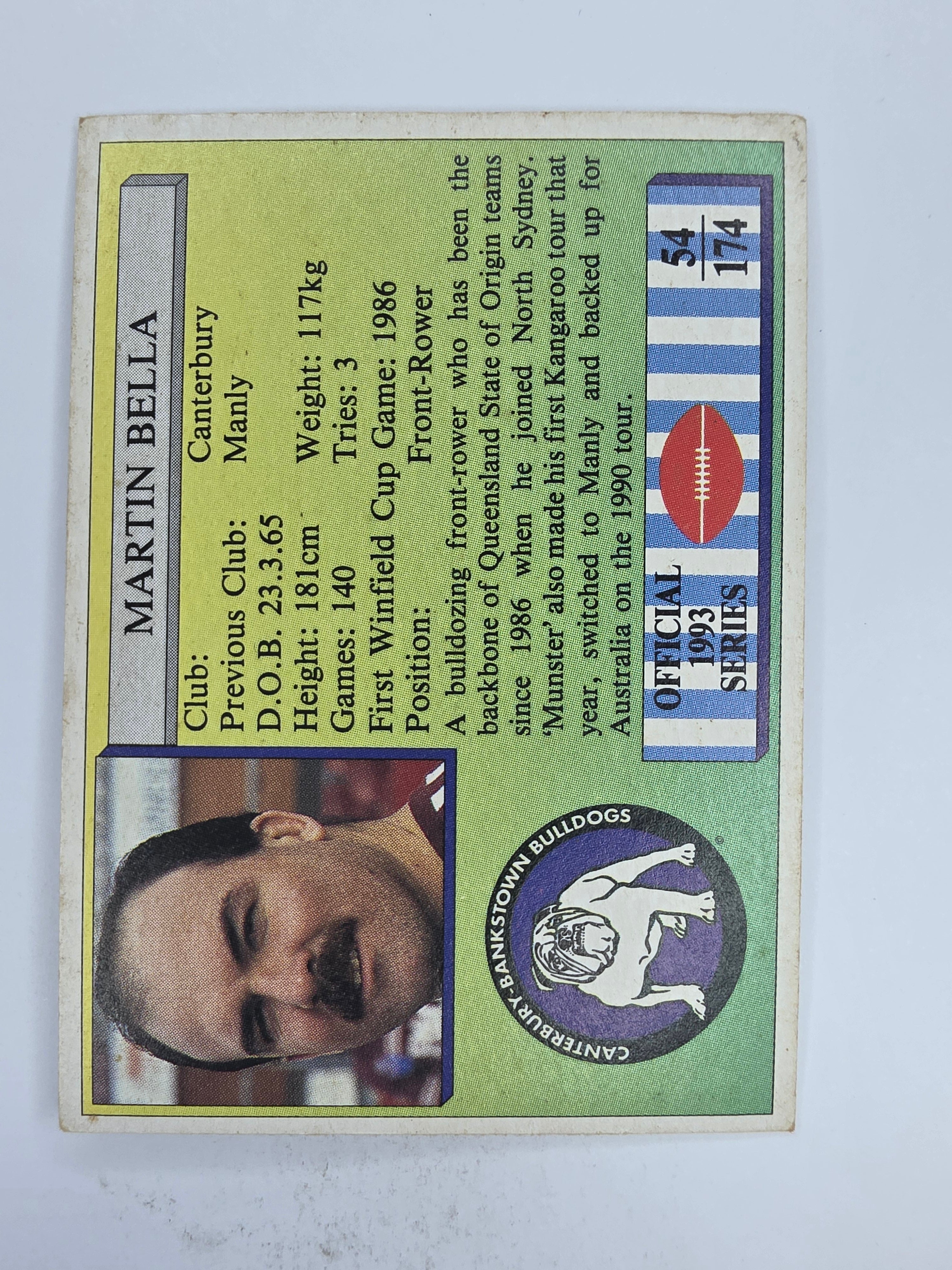 NRL 1993 Regina Base Card #54 Martin Bella Canterbury Bankstown Bulldogs
