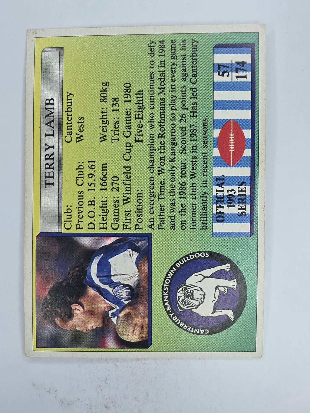 NRL 1993 Regina Base Card #57 Terry Lamb Canterbury Bankstown Bulldogs