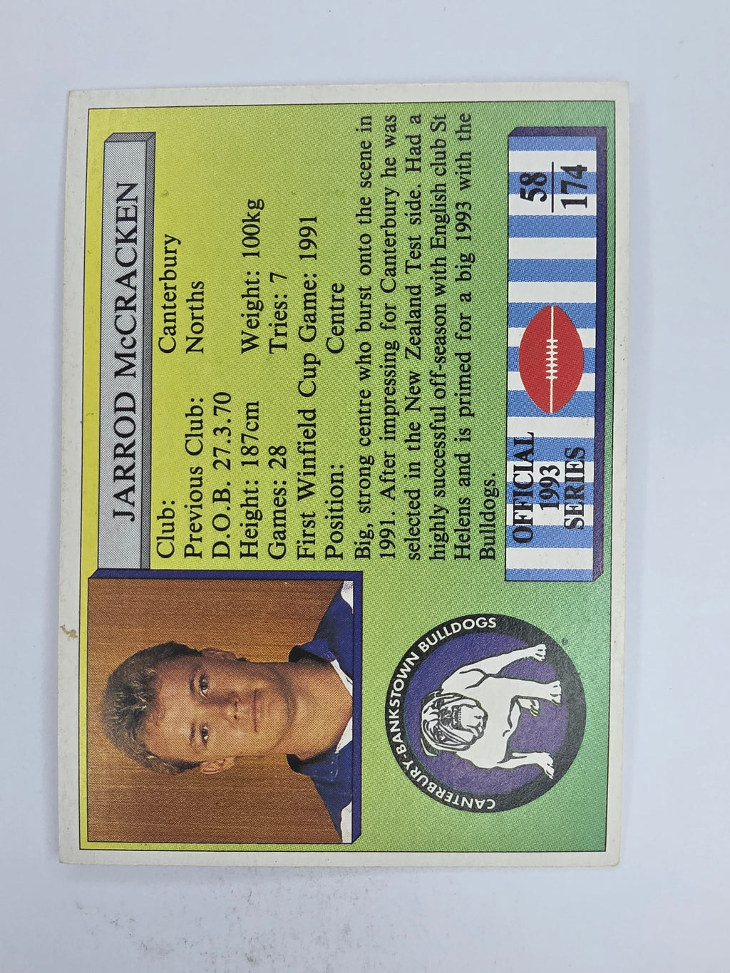 NRL 1993 Regina Base Card #58 Jarrod McCracken Canterbury Bankstown Bulldogs