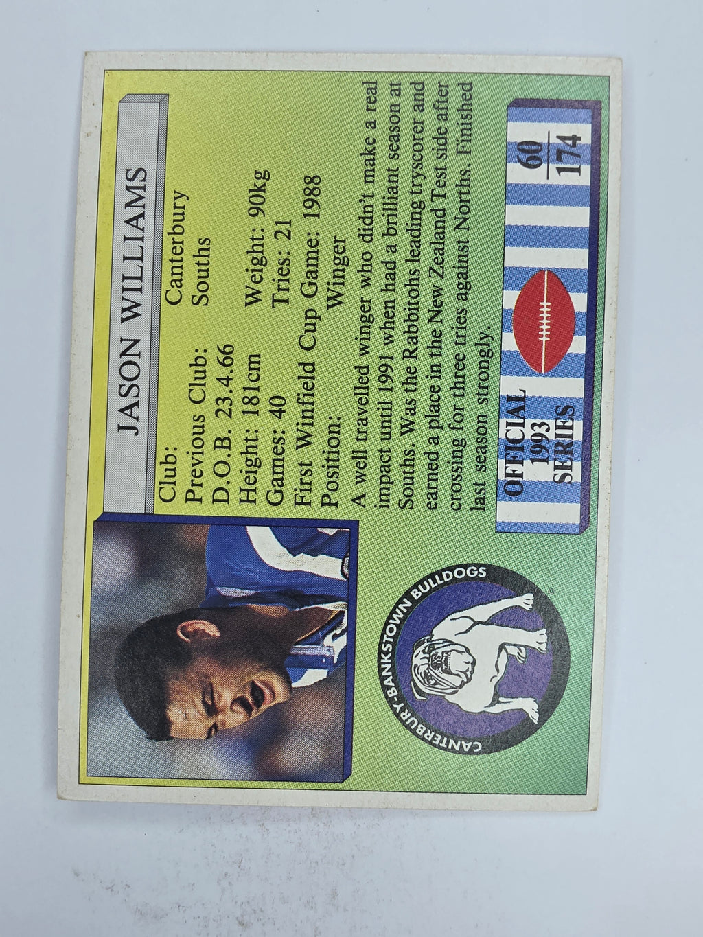 NRL 1993 Regina Base Card #60 Jason Williams Canterbury Bankstown Bulldogs