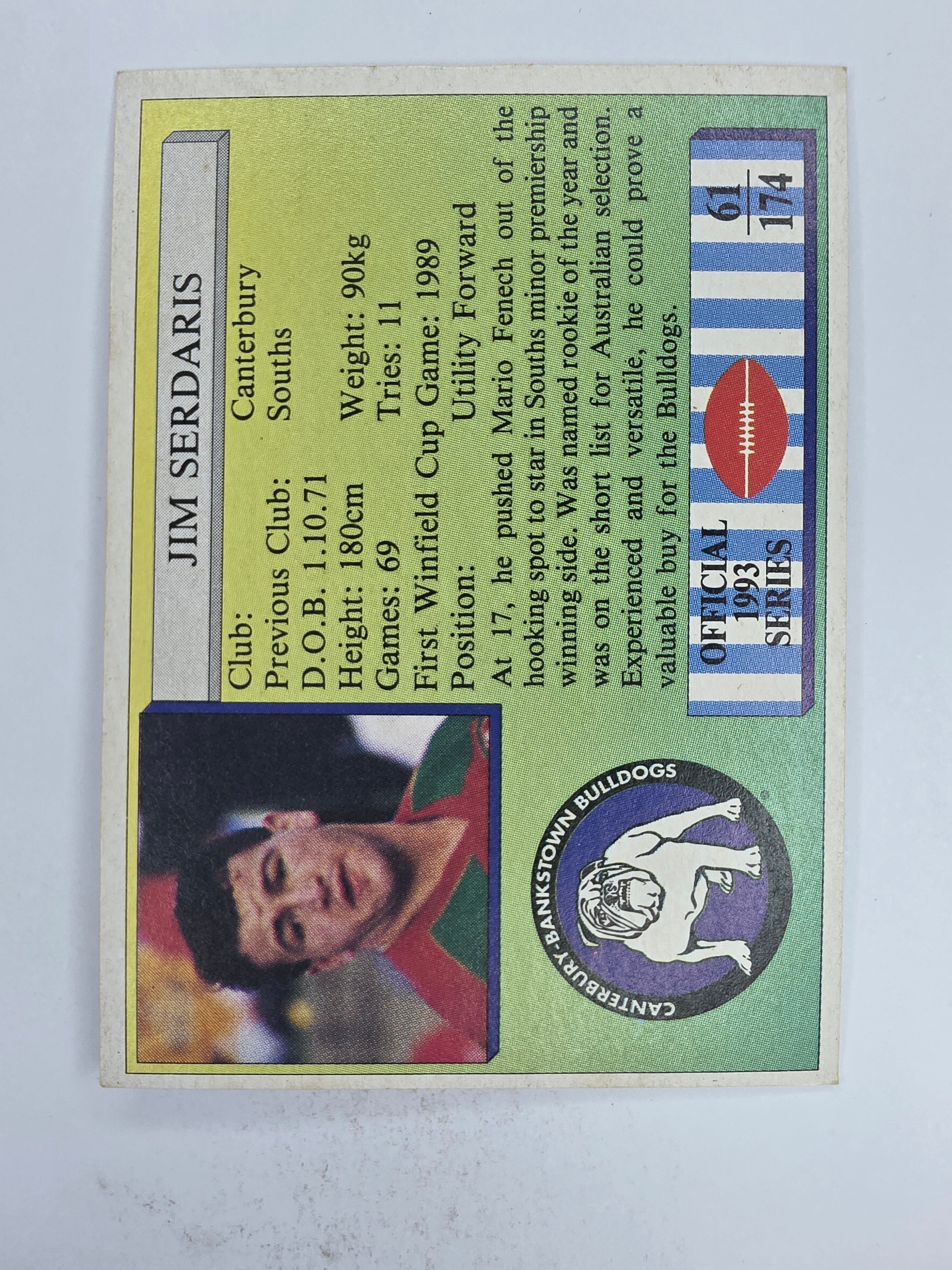 NRL 1993 Regina Base Card #61 Jim Sedaris Canterbury Bankstown Bulldogs