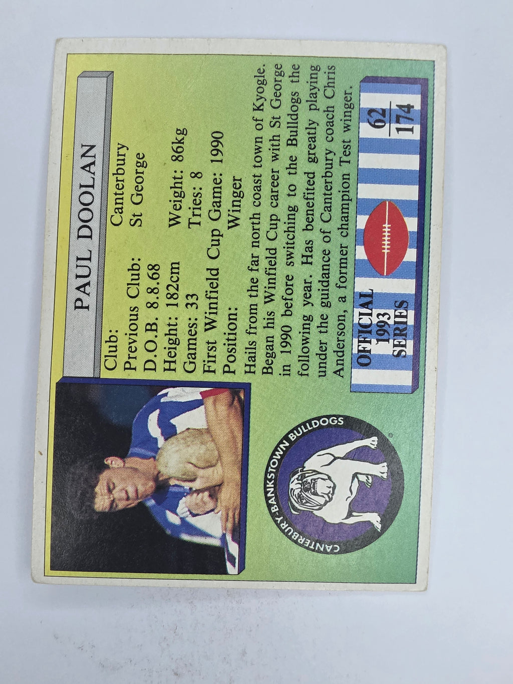 NRL 1993 Regina Base Card #62 Paul Doolan Canterbury Bankstown Bulldogs