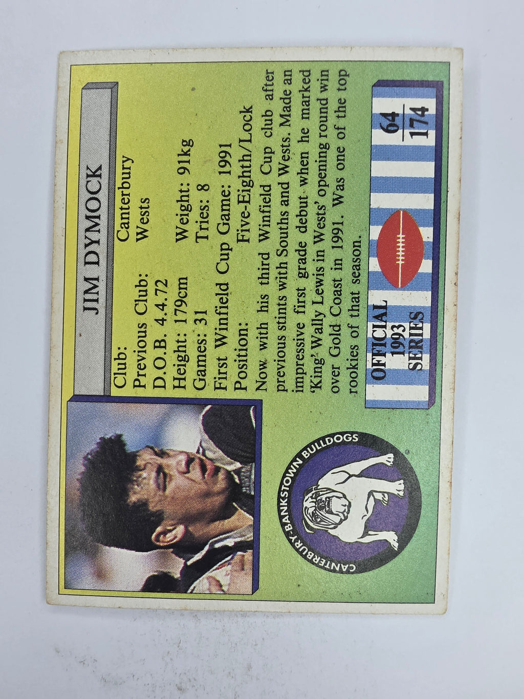 NRL 1993 Regina Base Card #64 Jim Dymock Canterbury Bankstown Bulldogs