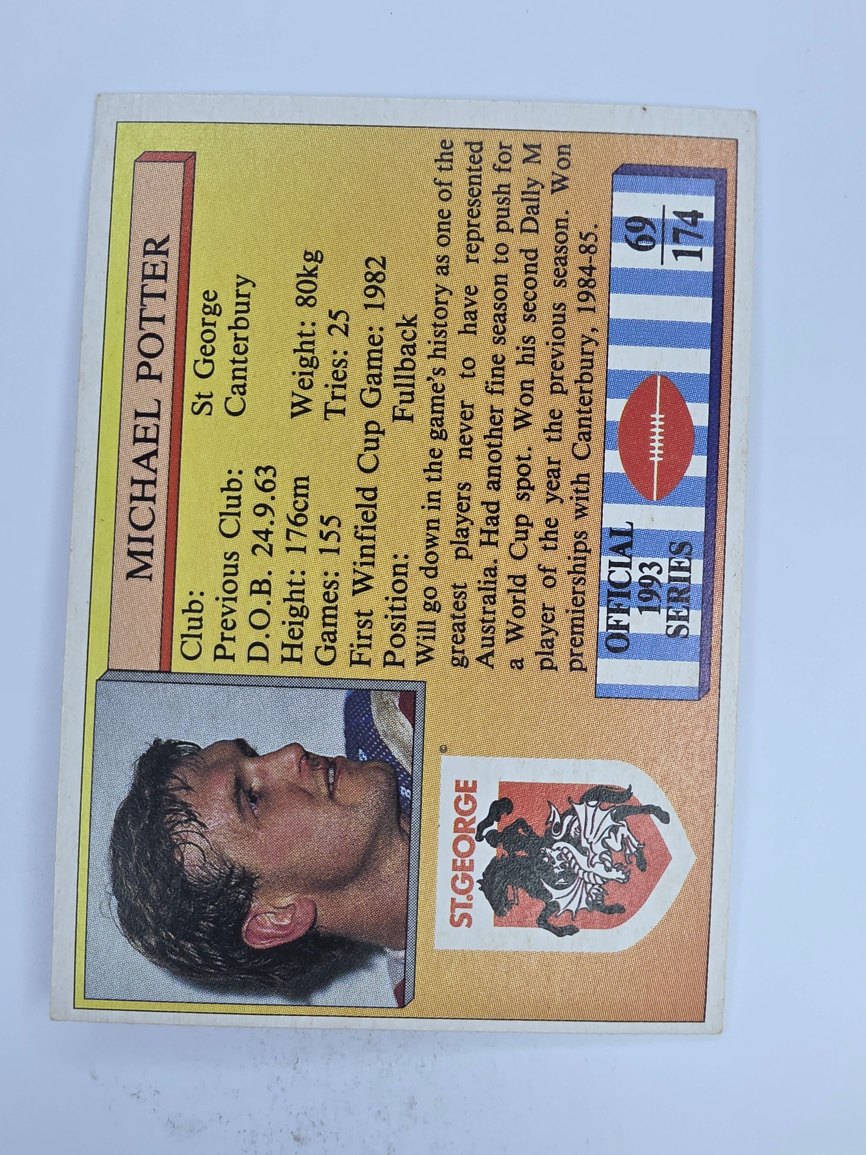 NRL 1993 Regina Base Card #69 Michael Potter St George Dragons