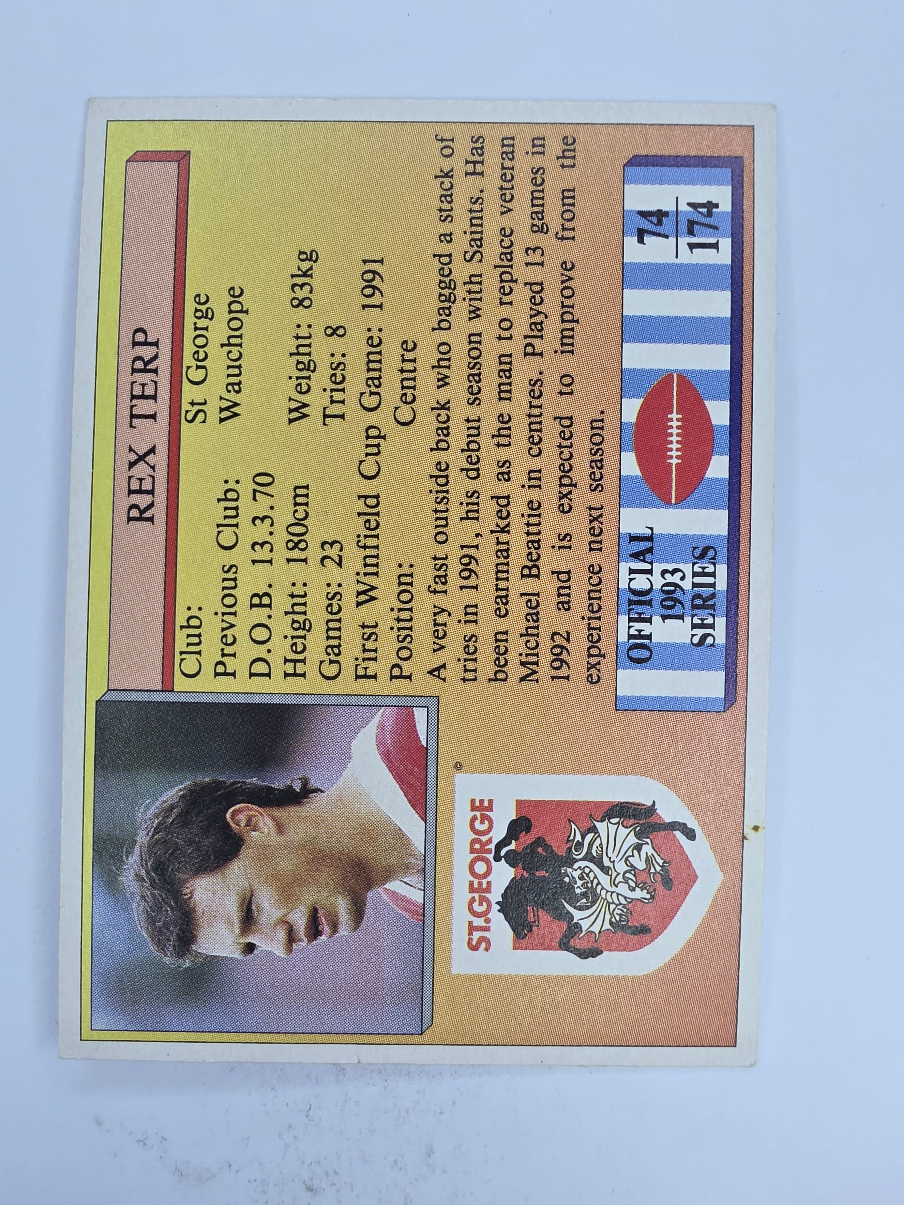 NRL 1993 Regina Base Card #74 Rex Terp St George Dragons