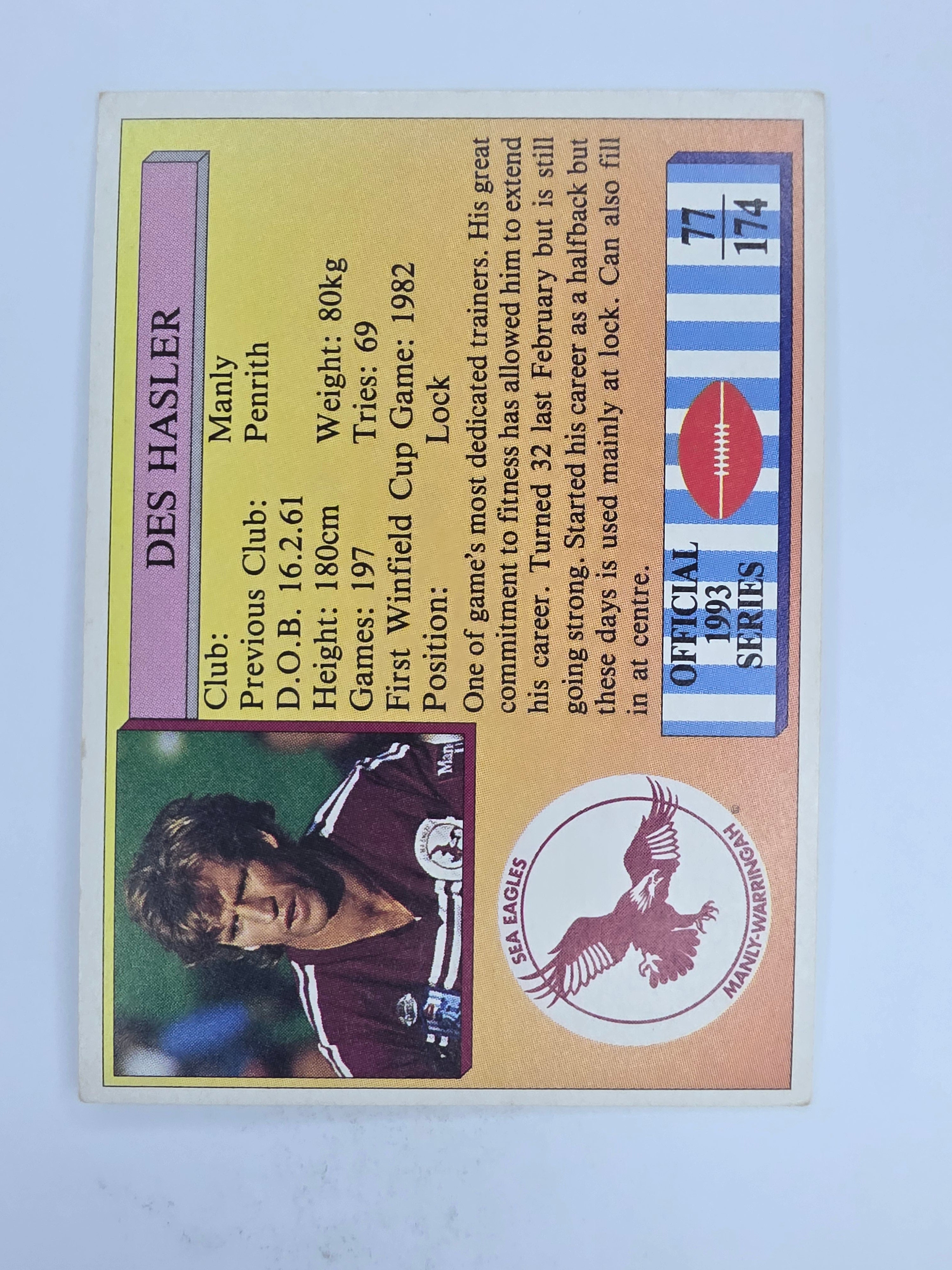 NRL 1993 Regina Base Card #77 Des Hasler Manly Warringah Sea Eagles