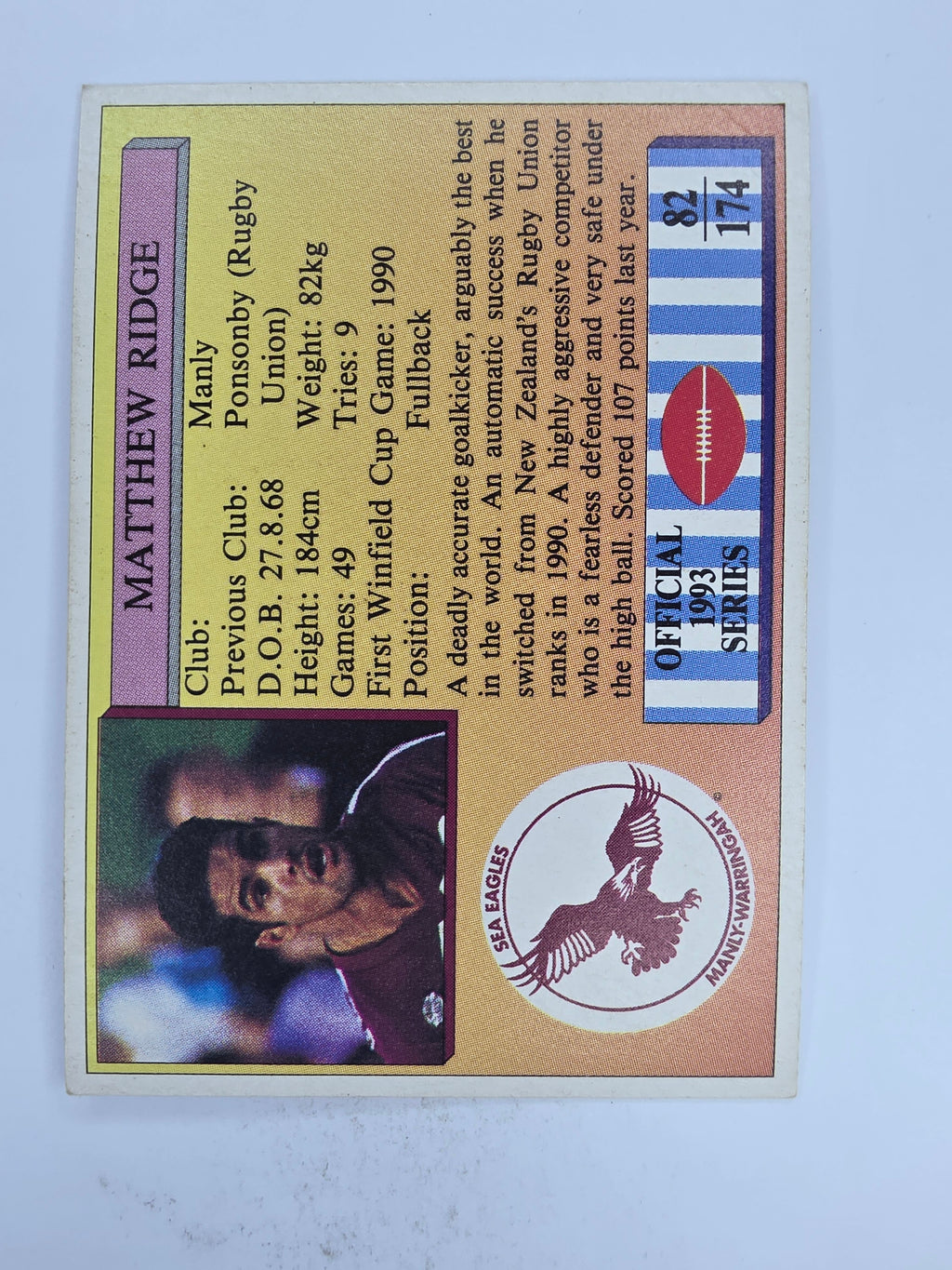 NRL 1993 Regina Base Card #82 Matthew Ridge Manly Warringah Sea Eagles