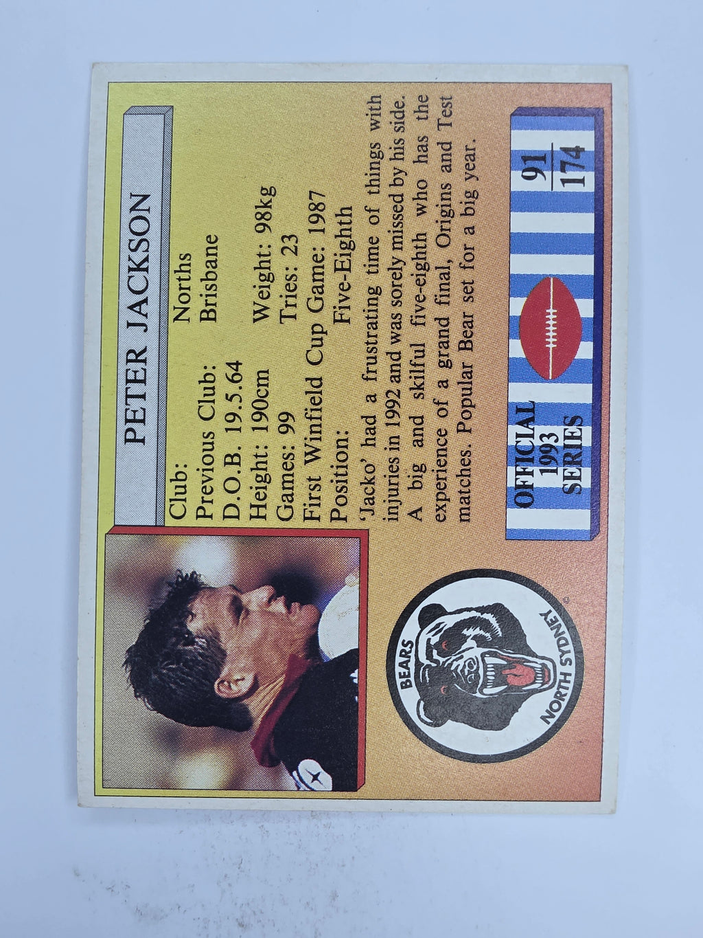 NRL 1993 Regina Base Card #91 Peter Jackson North Sydney Bears