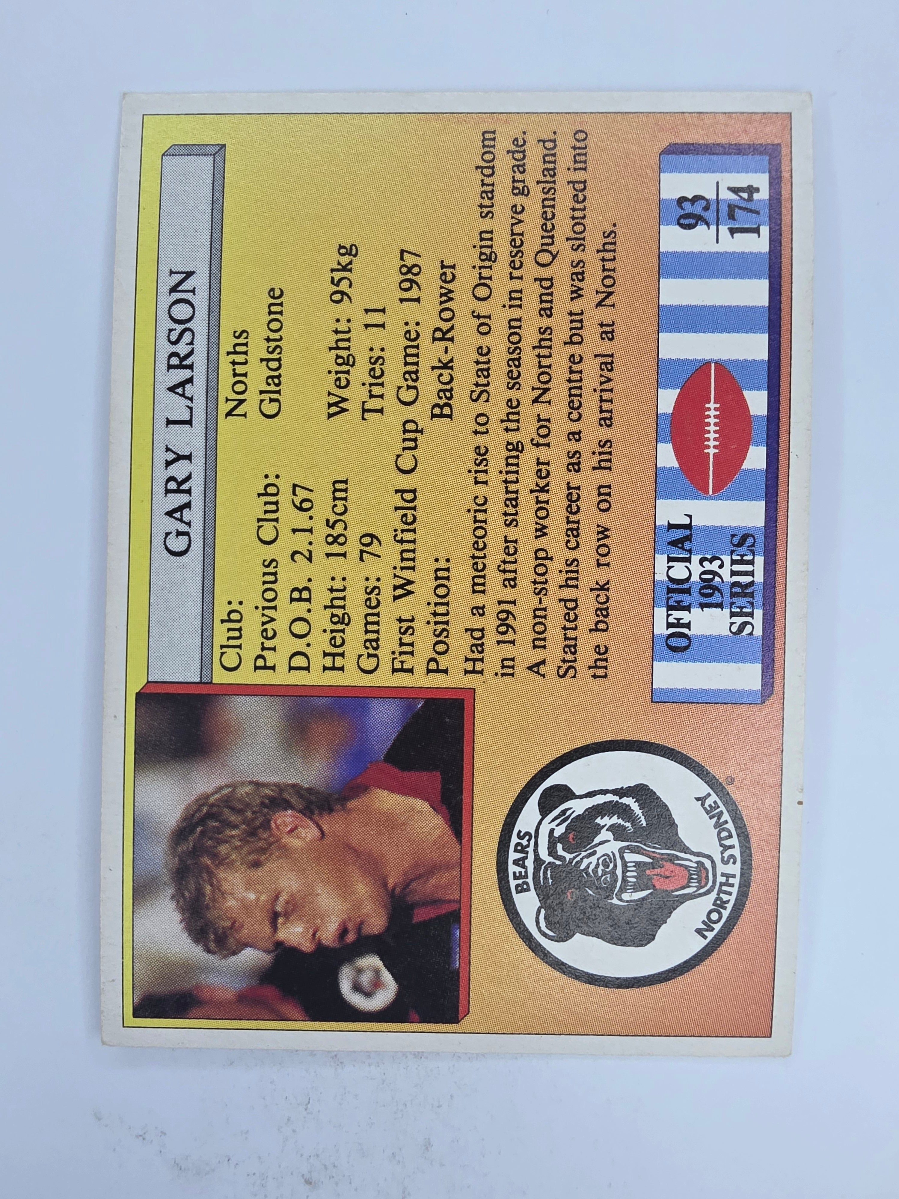 NRL 1993 Regina Base Card #93 Gary Larsen North Sydney Bears