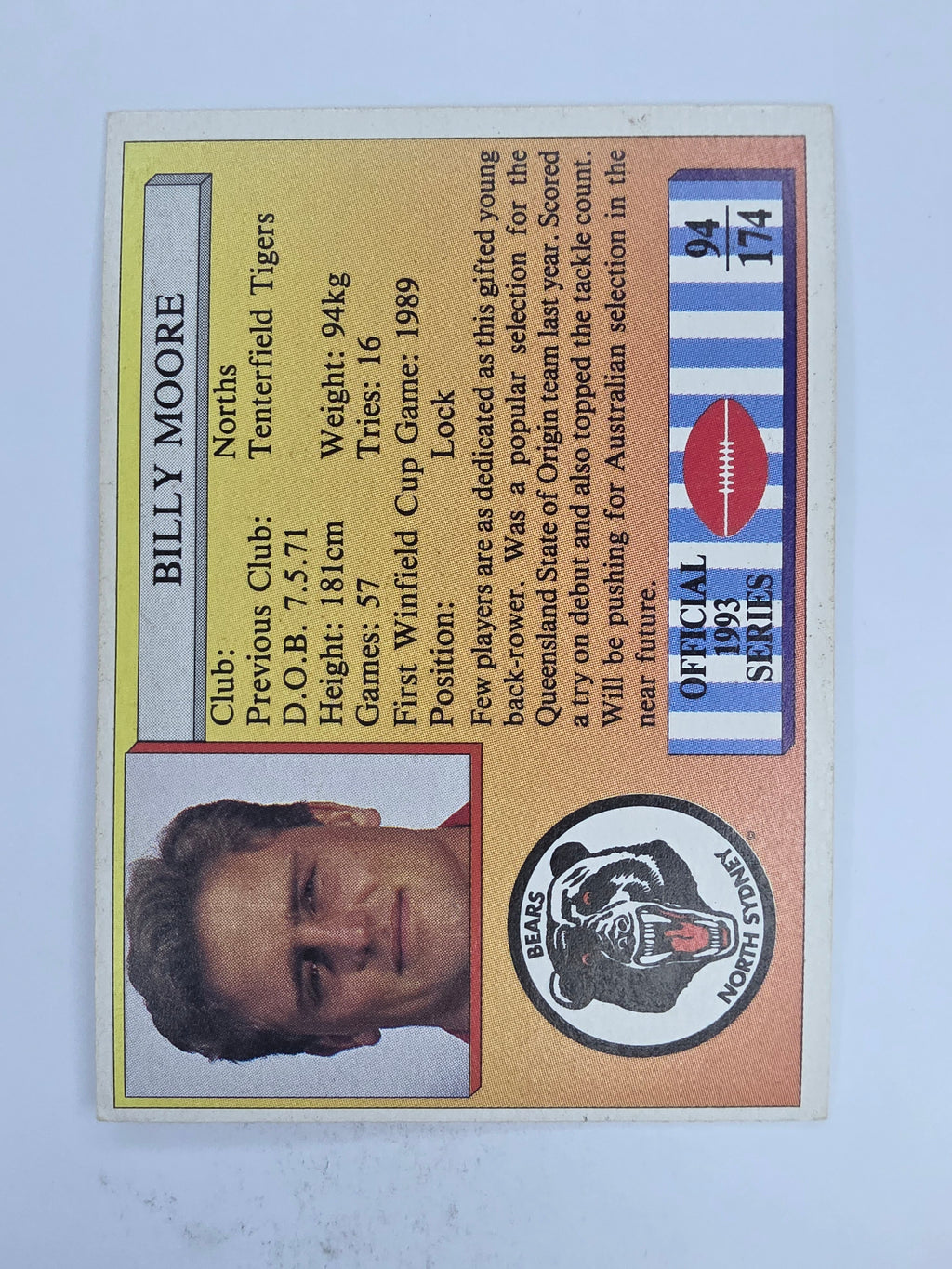 NRL 1993 Regina Base Card #94 Billy Moore North Sydney Bears