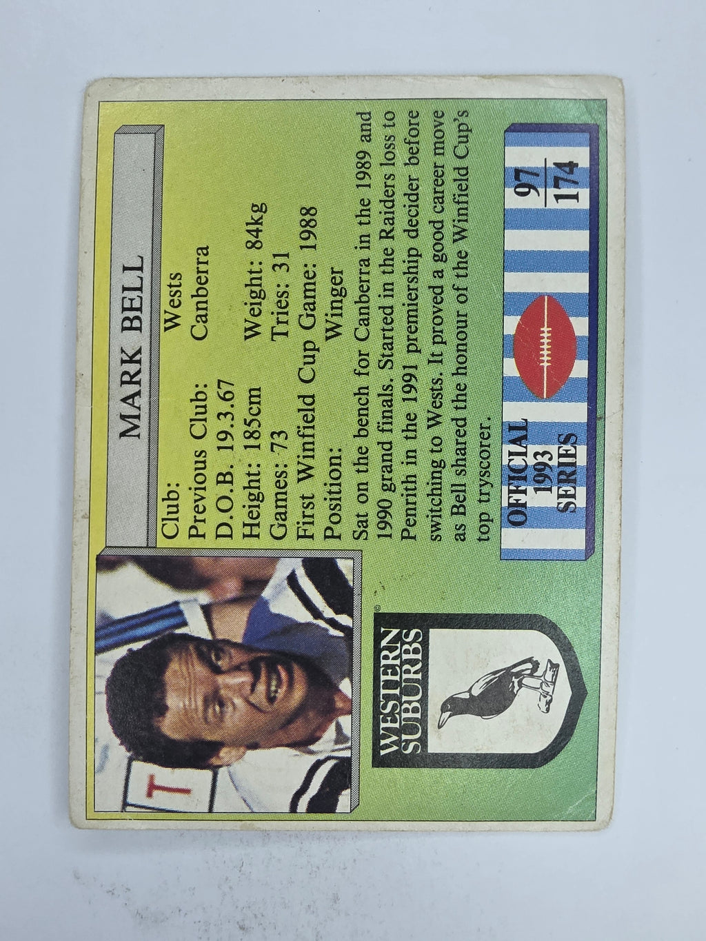 NRL 1993 Regina Base Card #97 Mark Bell Western Suburbs Magpies