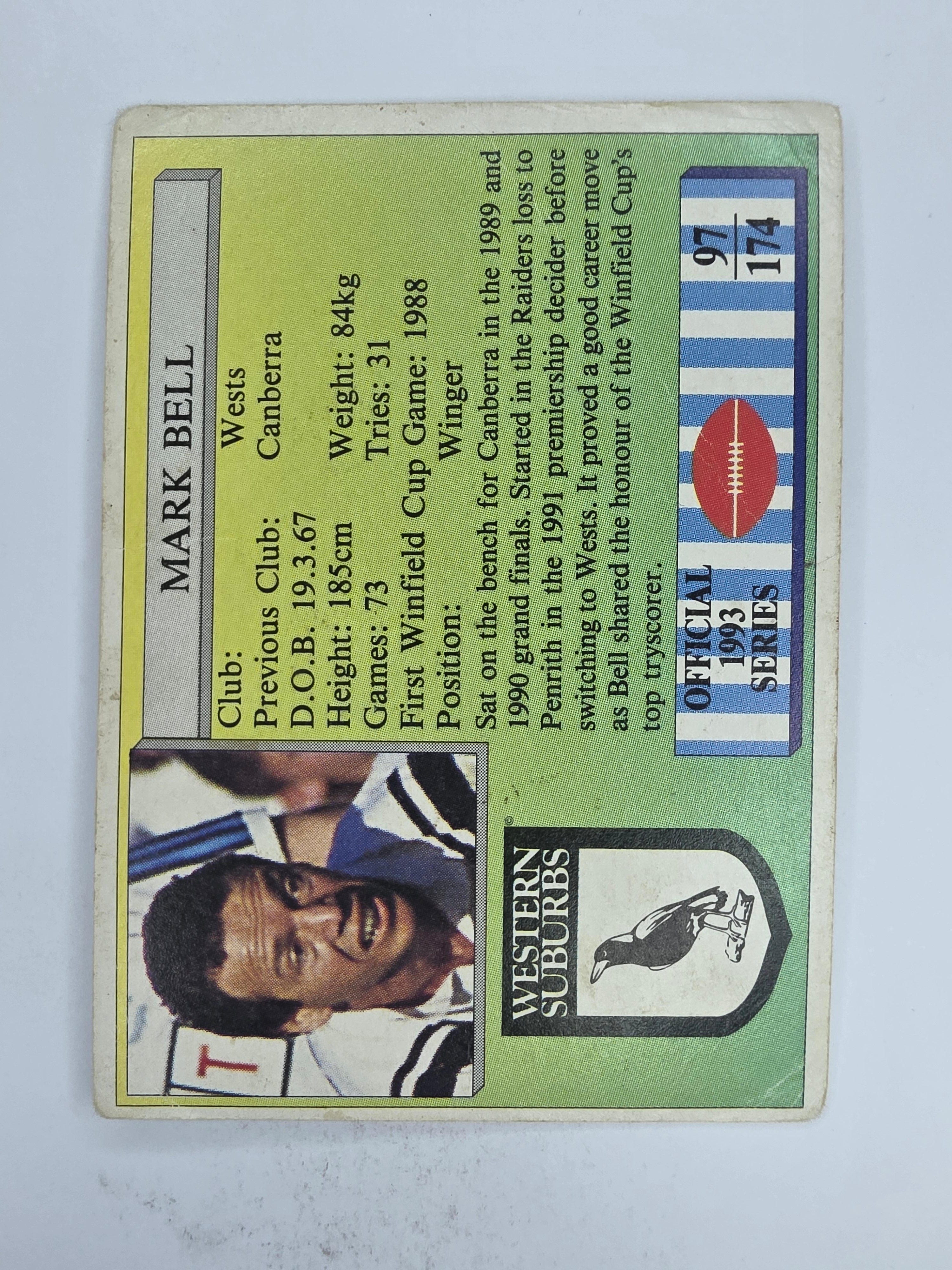 NRL 1993 Regina Base Card #97 Mark Bell Western Suburbs Magpies