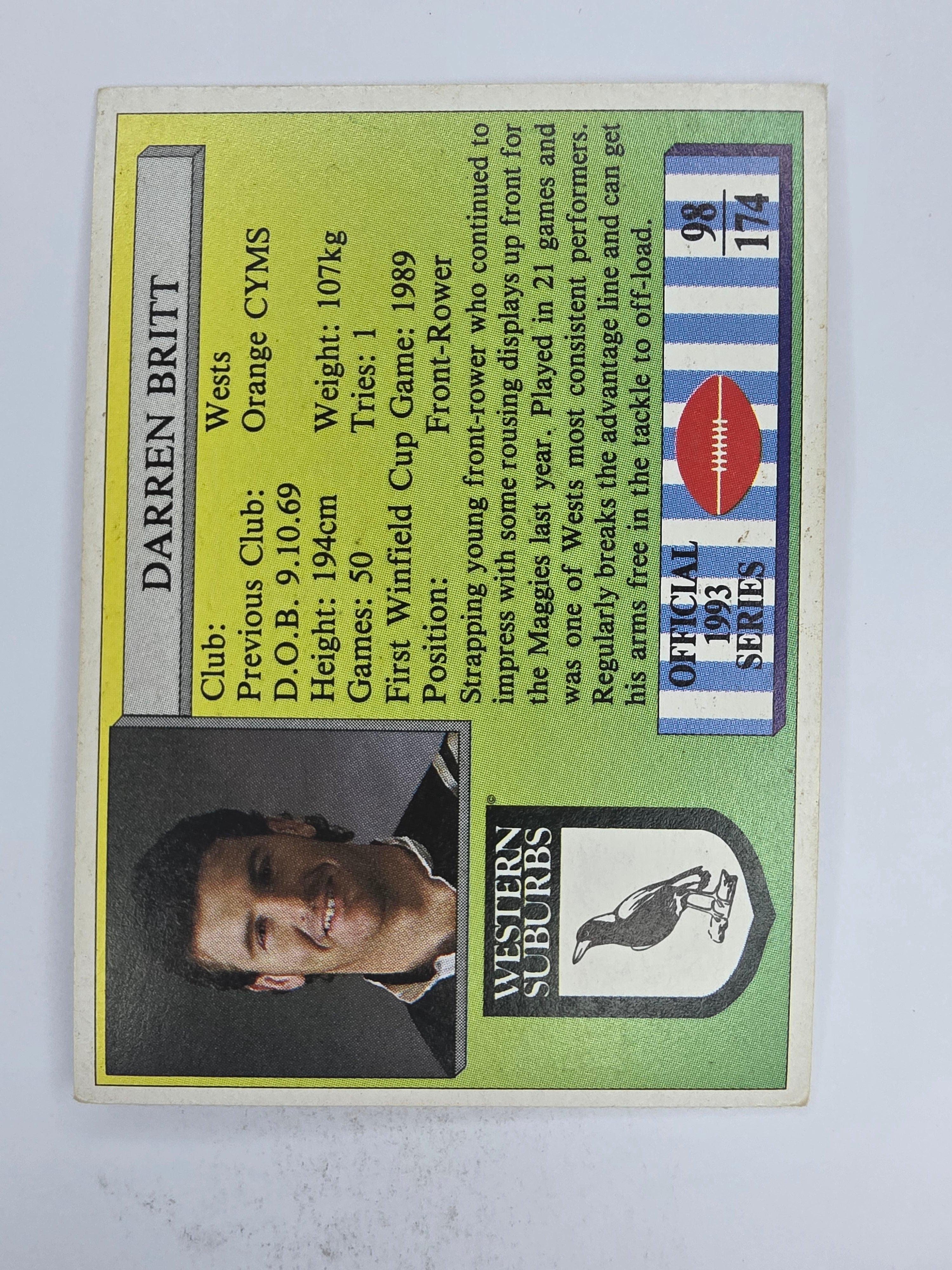 NRL 1993 Regina Base Card #98 Barren Britt Western Suburbs Magpies