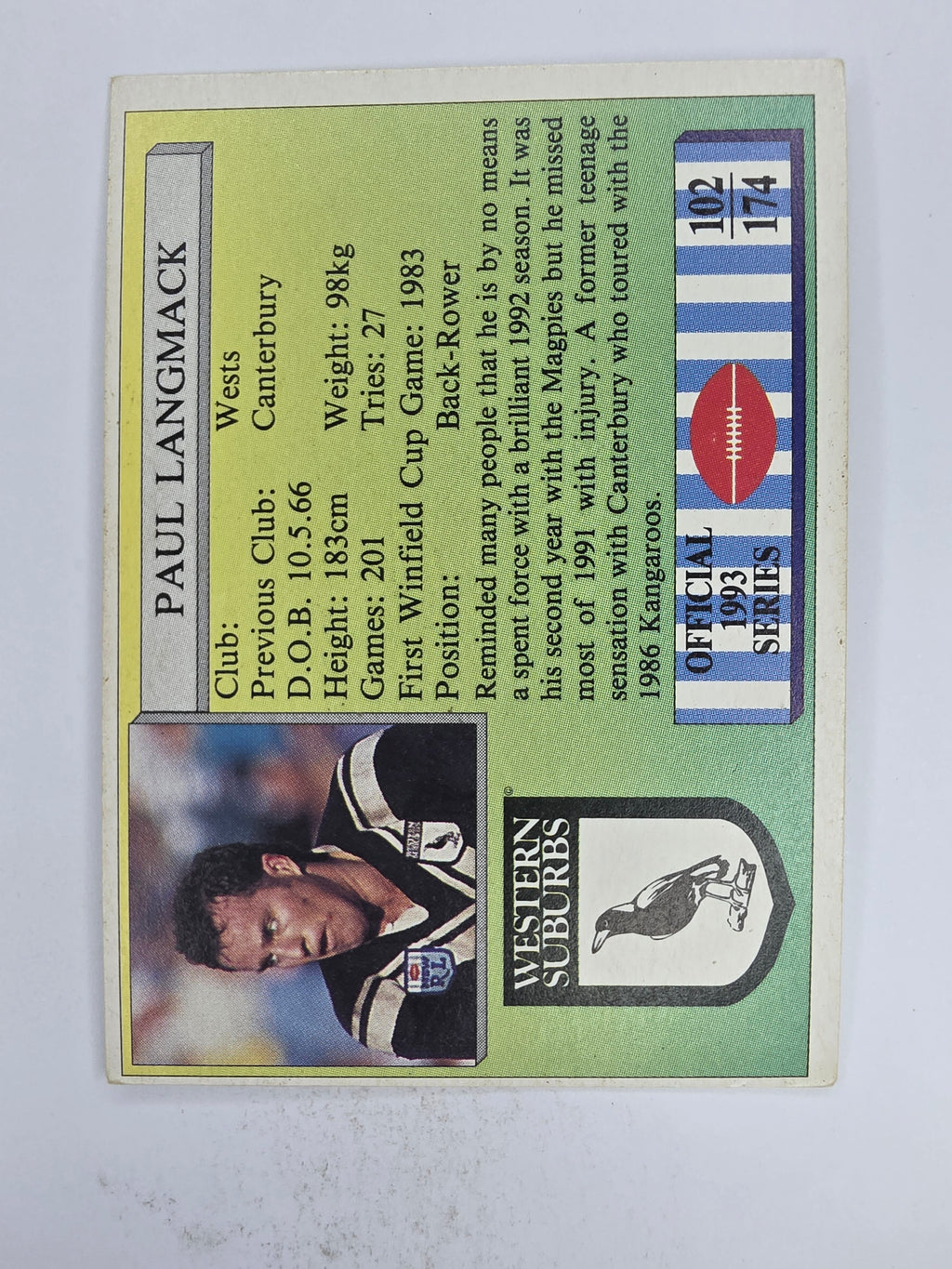 NRL 1993 Regina Base Card #102 Paul Langmack Western Suburbs Magpies